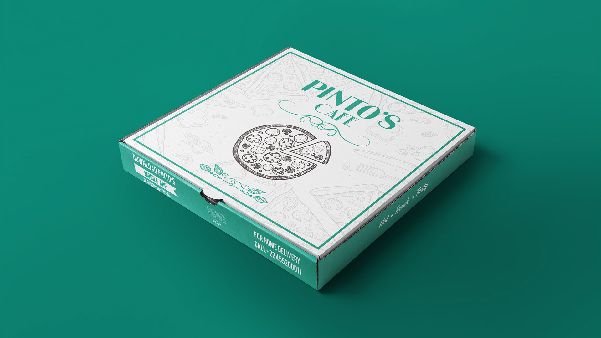 Amazon Prime film (pizza cafe setup): cafe logo, pizza box packaging, & set graphics