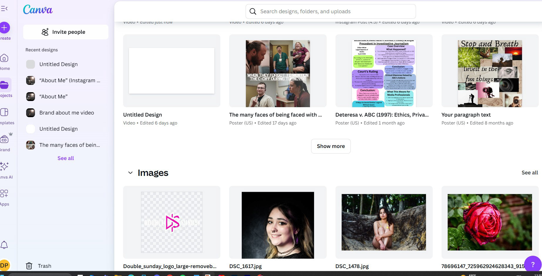Example of my own personal canva page with some recent creations and my library
