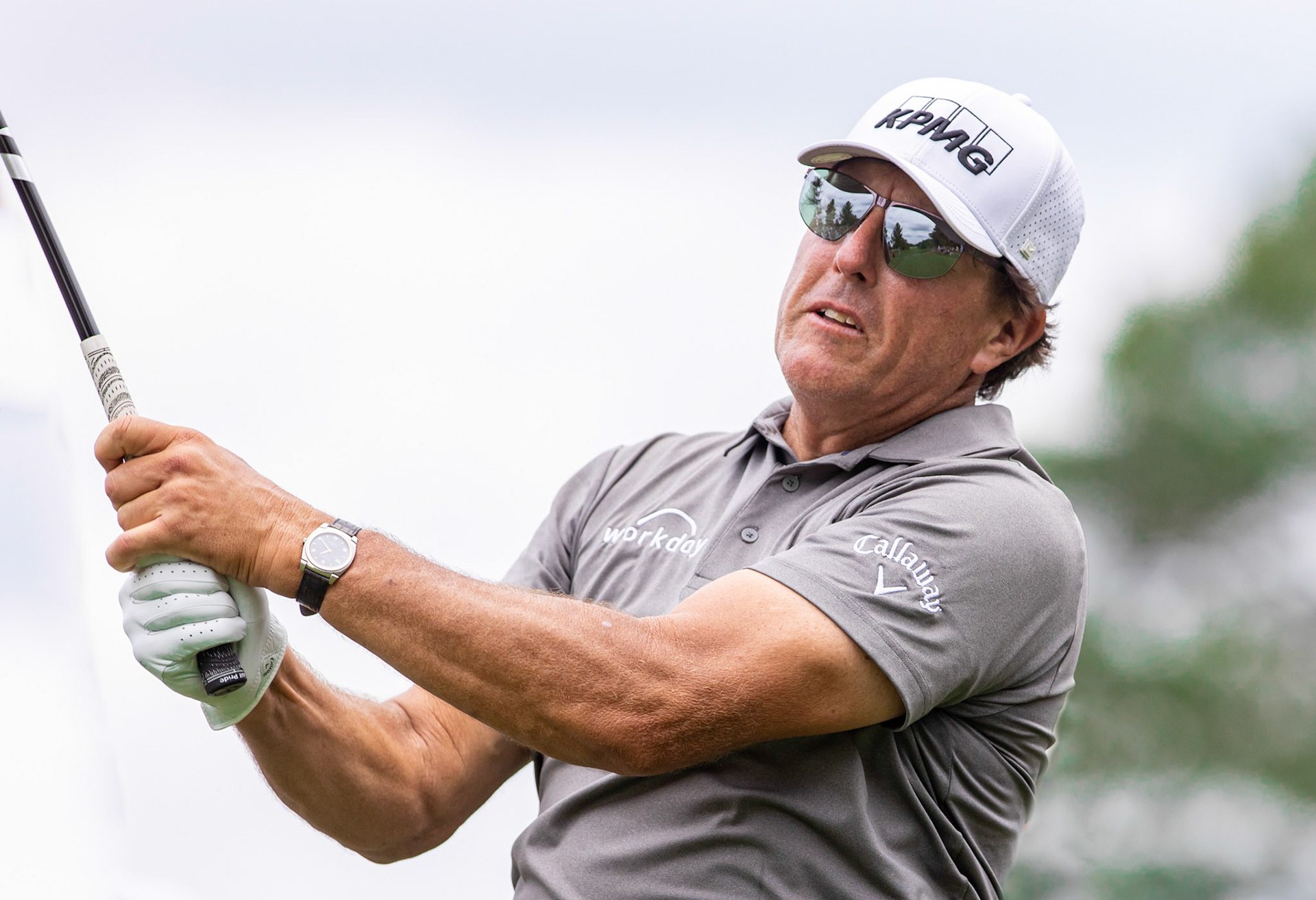 CHARLOTTE, NC , USA  - May 4 , 2021: Five time major champioin winner Phil Michelson, hits a drive as he plays in the 2021 Wells Fargo Championship.