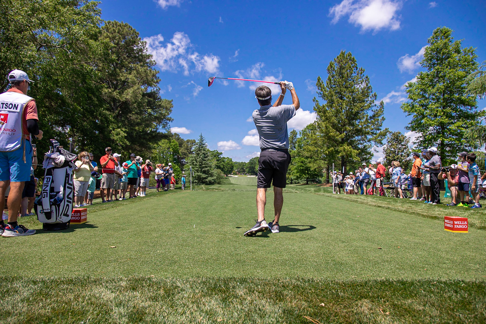 CHARLOTTE, NC , USA  - May 5 , 2021: Bubba Watson hits a drive as he plays in the 2021 Wells Fargo Championship.