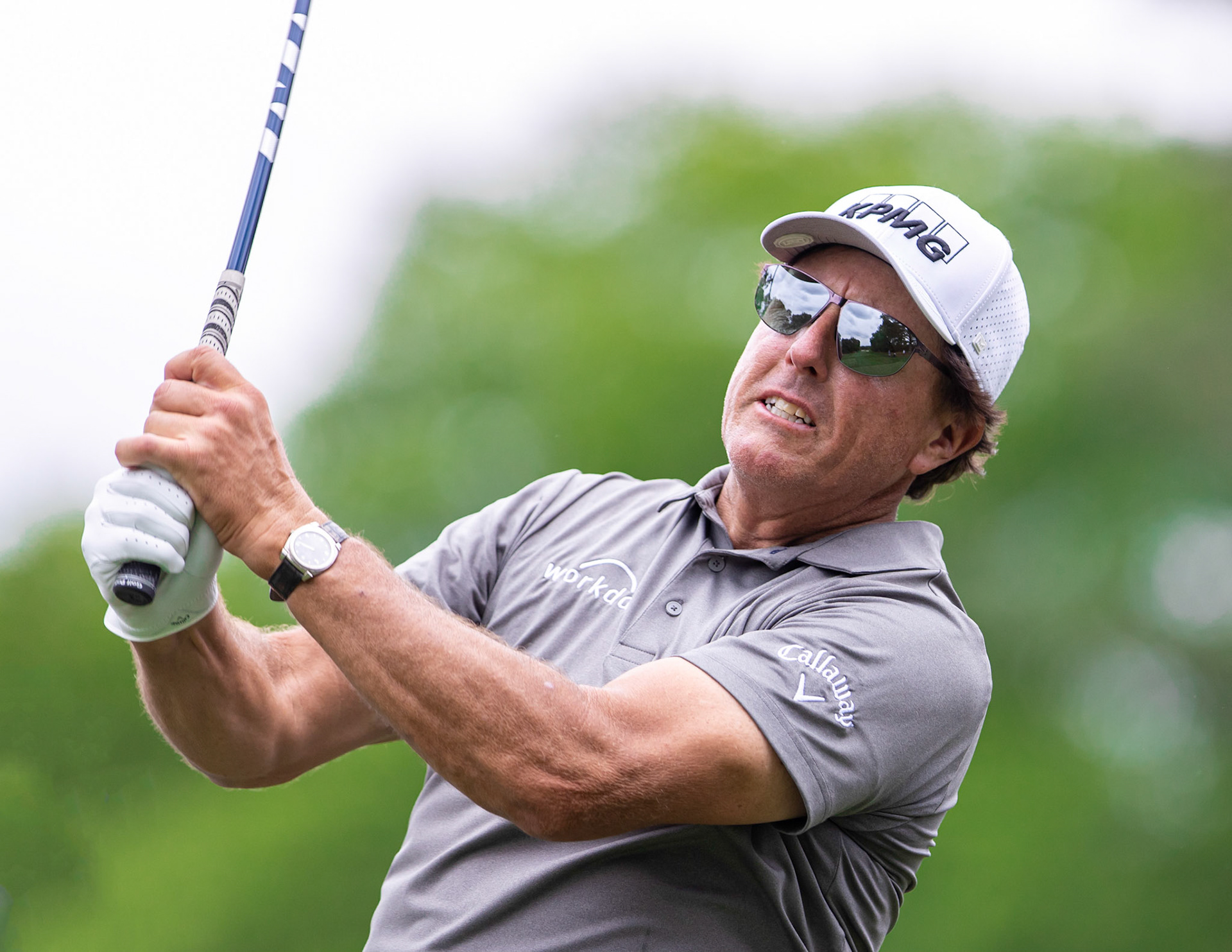 CHARLOTTE, NC , USA  - May 4 , 2021: Five time major champioin winner, Phil Michelson, hits a drive as he plays in the 2021 Wells Fargo Championship.