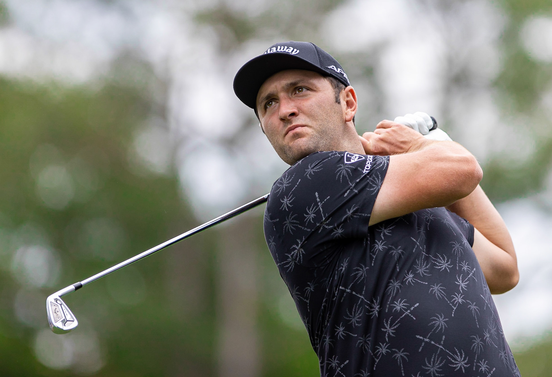 CHARLOTTE, NC , USA  - May 4 , 2021: Jon Rahm hits a drive as he plays in the 2021 Wells Fargo Championship.