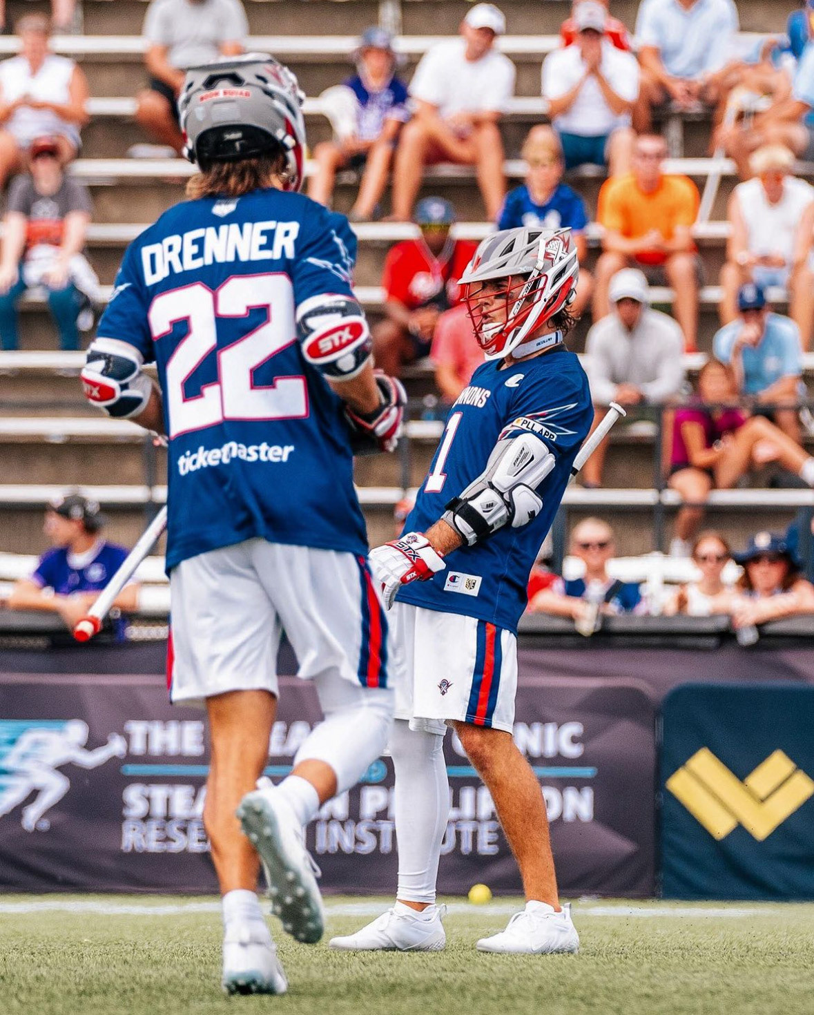 On-field action shot of main blue jersey
