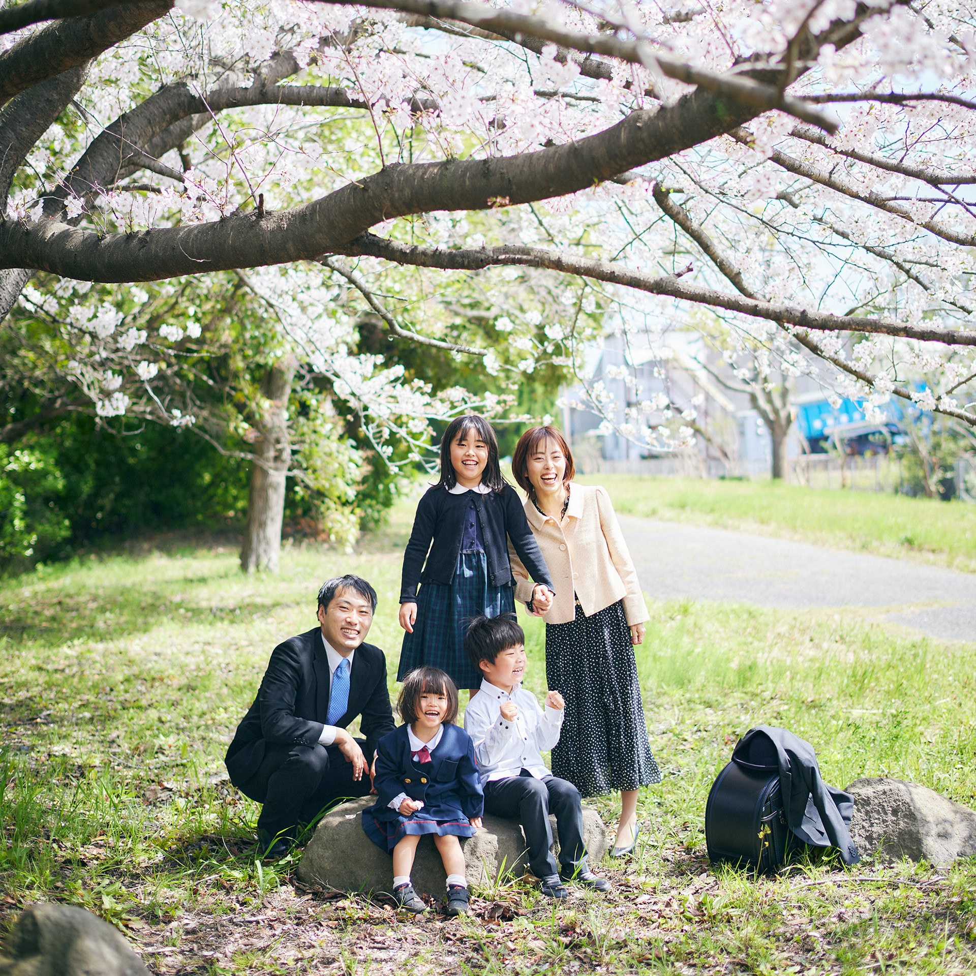 桜の下で家族写真