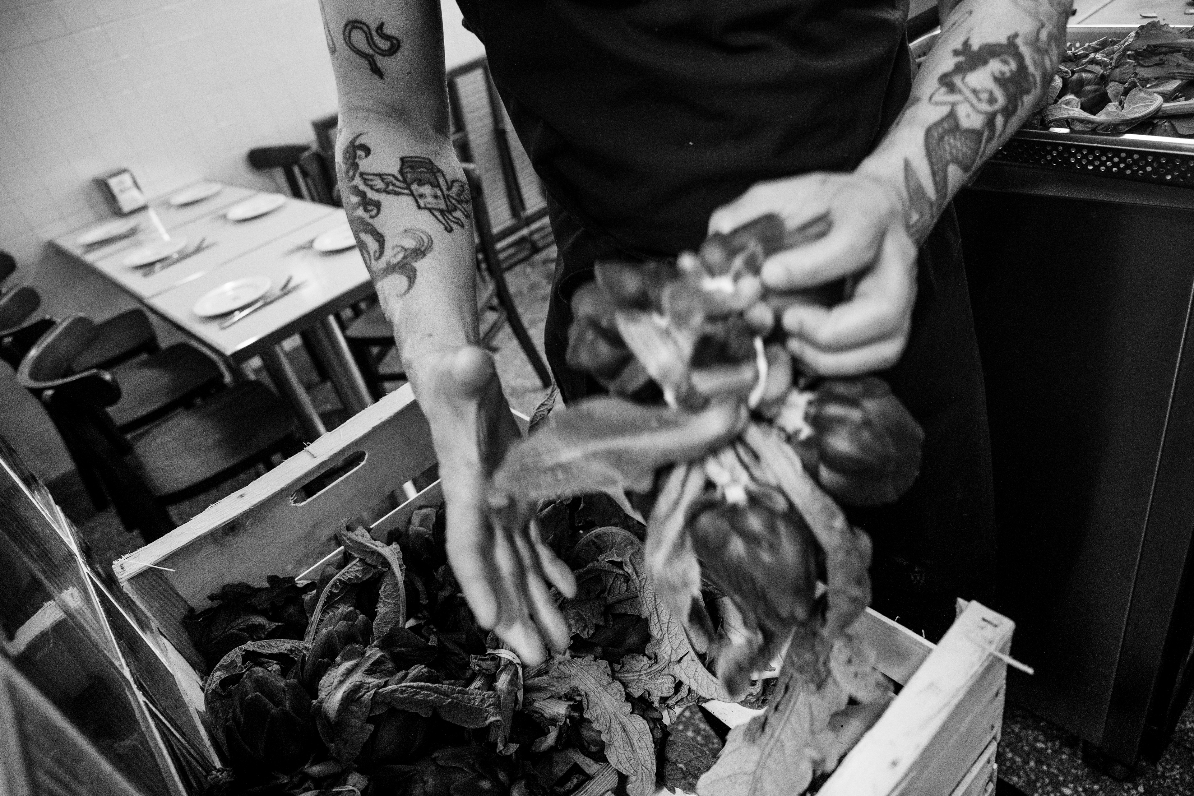 At Cortado Cantina, chef Juan Manuel Leon Marquina selects artichokes from a crate whilst preparing for the evening service on 21 March 2026 in Paris (3rd arrondissement), France.