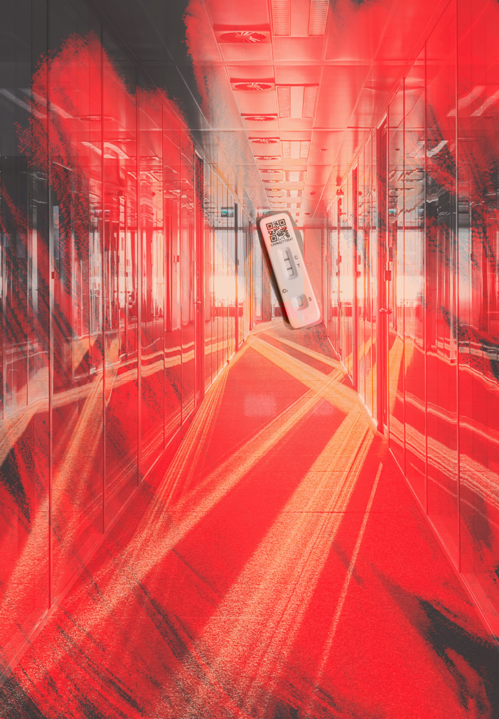 Code Red (2021) - a positive Covid test is leaning hauntingly at the size of a large human at the end of an office corridor that has sunlight coming in at huge swathes from@every angle. There is a layer of thick red paint over the top which gives the feel of a red light alarm going off.