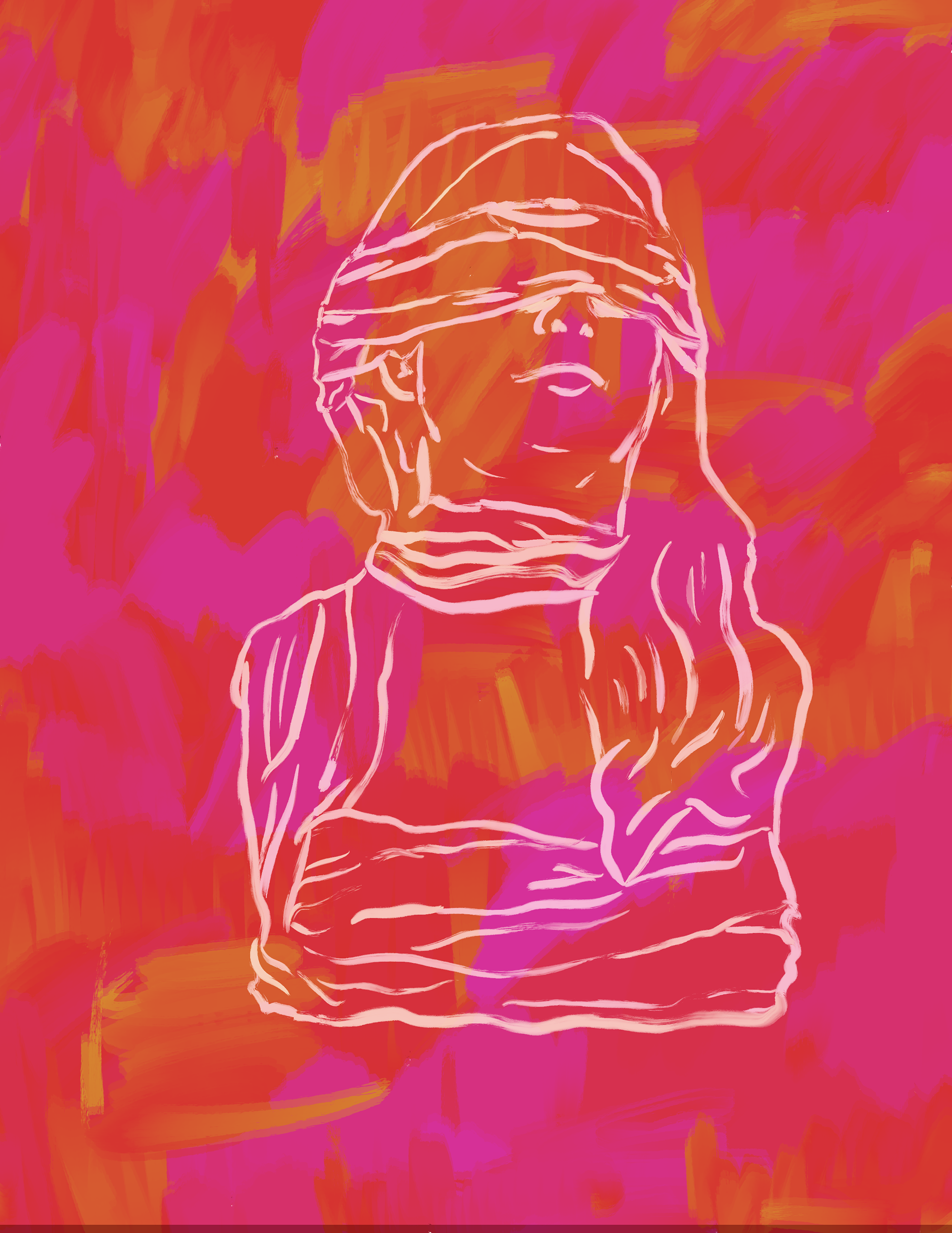 Lady Fortuna (2021) - against a background of hot pink and coral-orange thick brush stroke is a white line drawing of a female head and bust. The woman's eyes are blindfolded with a rag that wraps again around her neck, shoulders and chest, with her long wavy hair falling to her left. The bust has no arms, giving the impression it is a drawing of a sculpture.