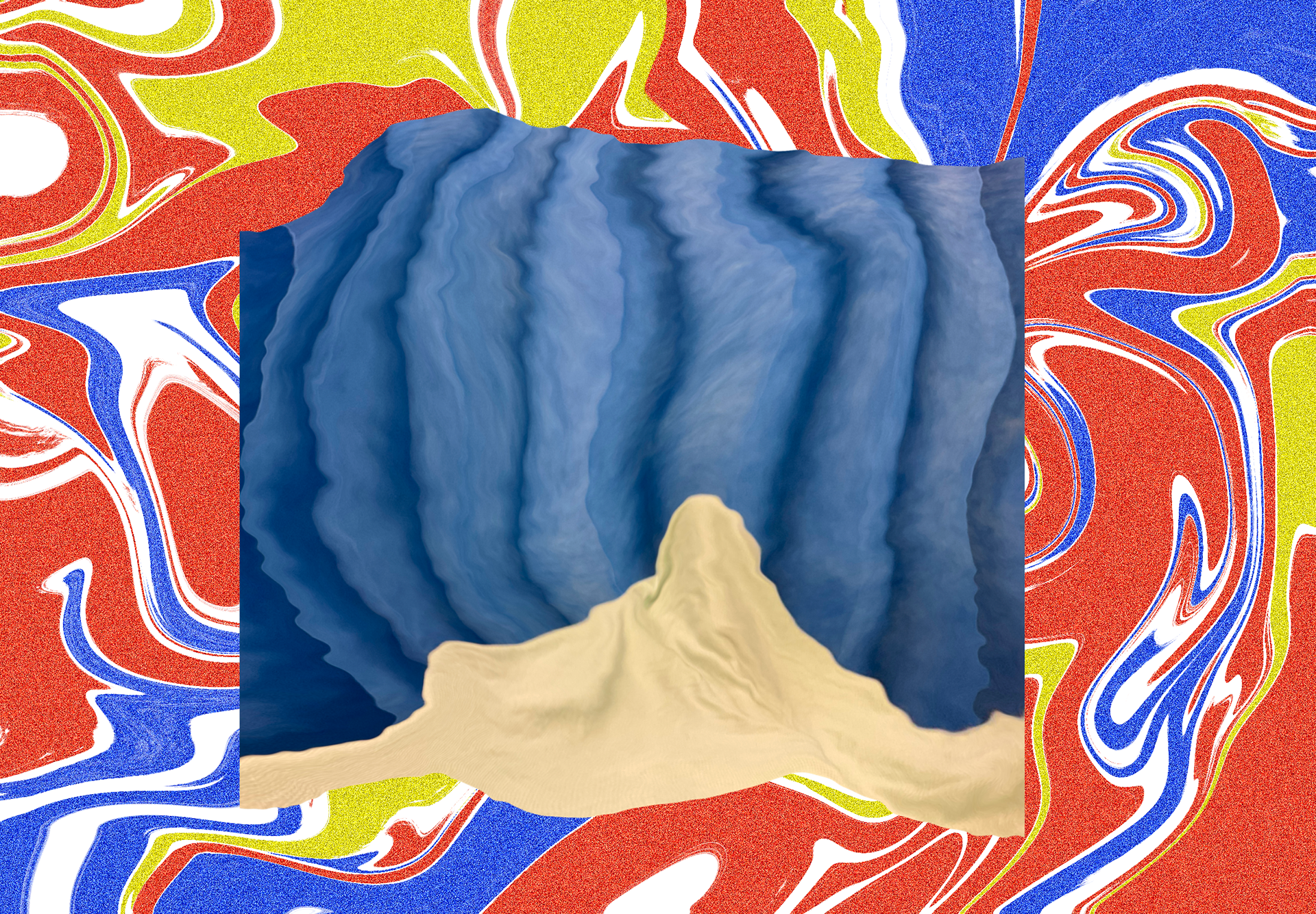 Tramadol (2021) - A distorted and wavy photograph of the blue blinds of a hospital ward with the shape of two feet underneath a cream blanket at the bottom, taken from the perspective of the head looking down the body to the feet. This is against a background of bold blue, yellow and red marbled ink pattern which is grainy and gritty.