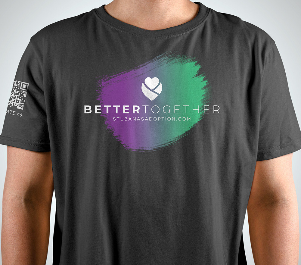 Adoption T-shirt with Donation QR Code on Sleeve