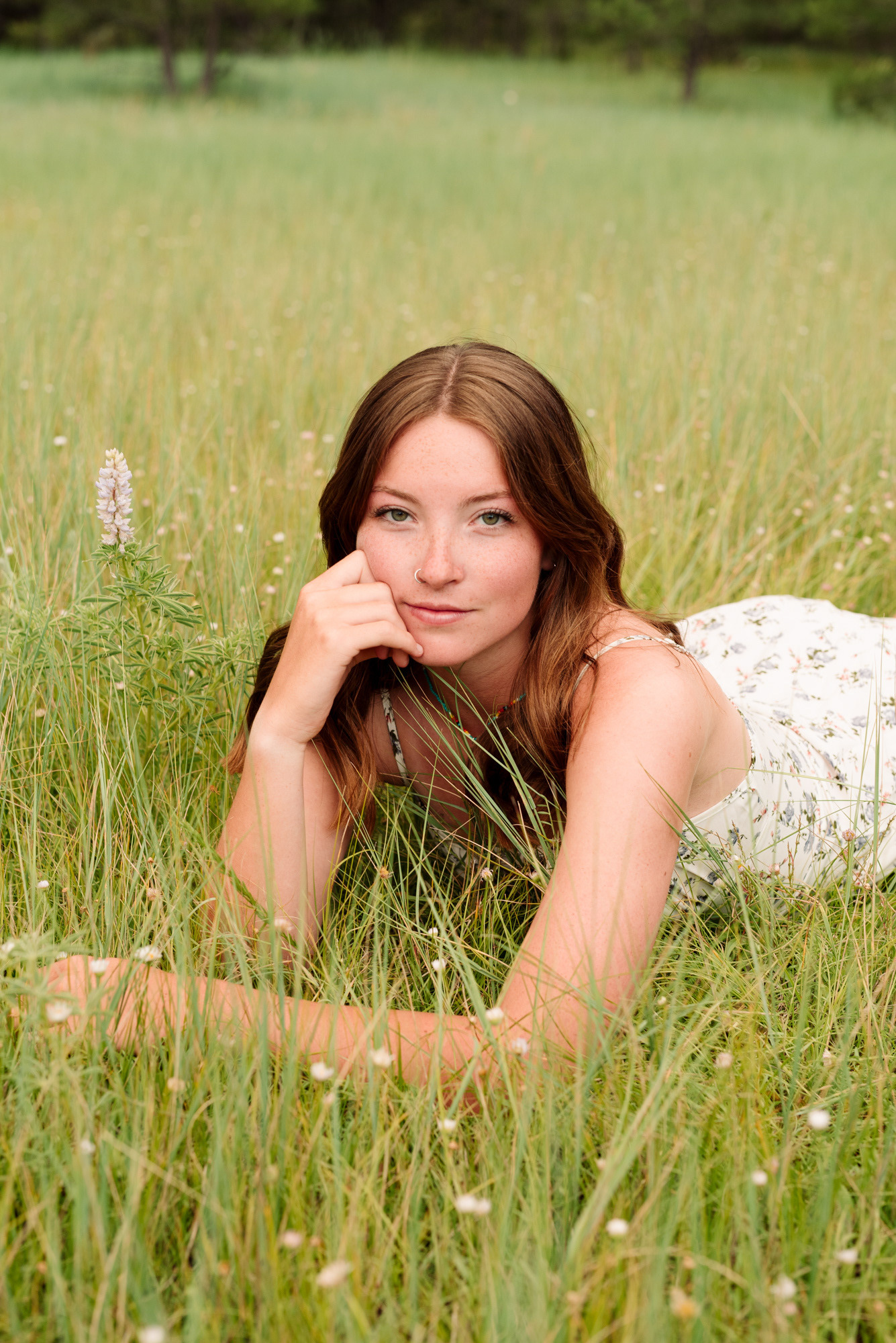 Senior photo of a girl in Colorado lying in long grasses and flowers.