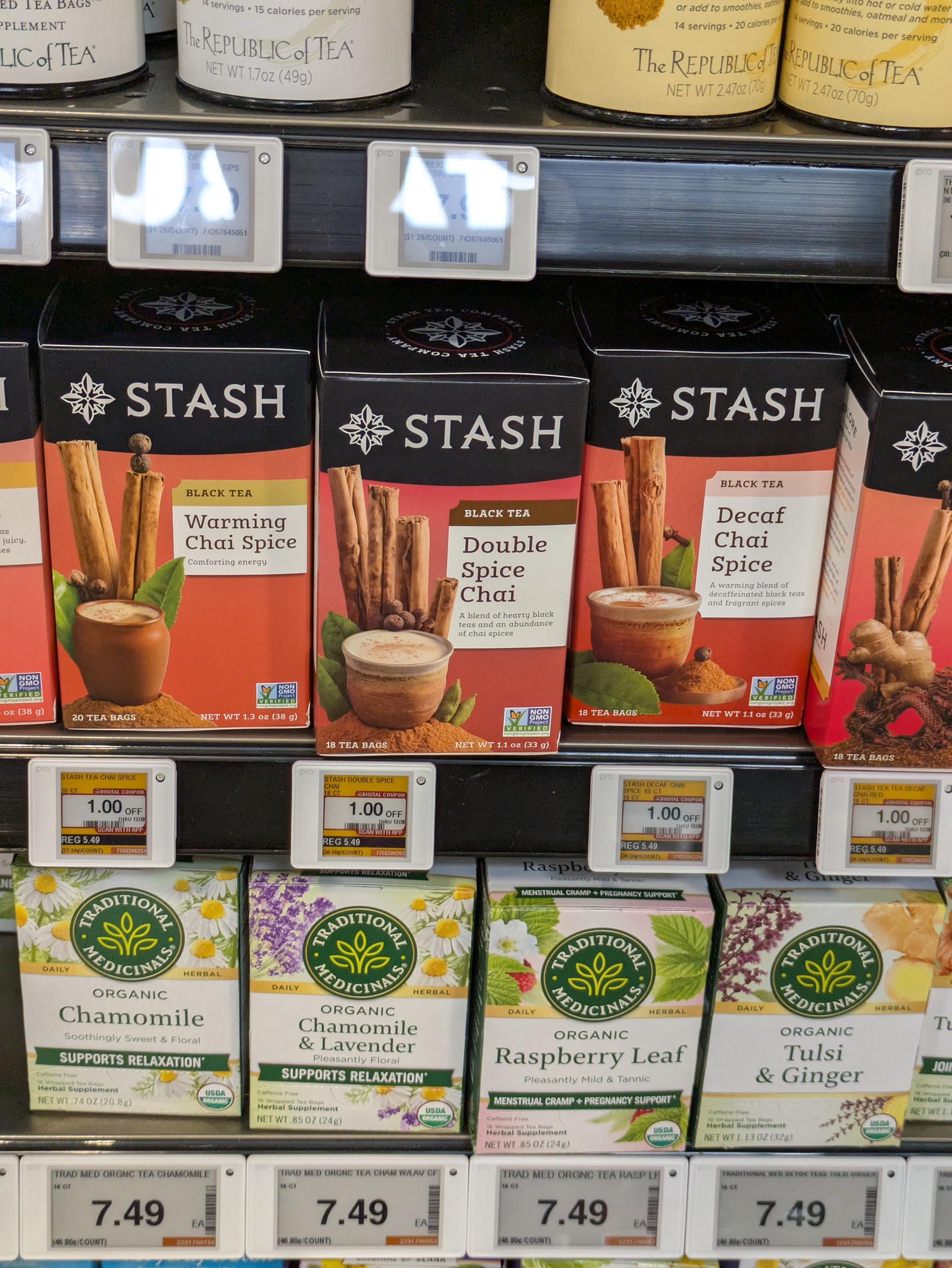 Field trip, current Stash Tea packaging, late 2025.