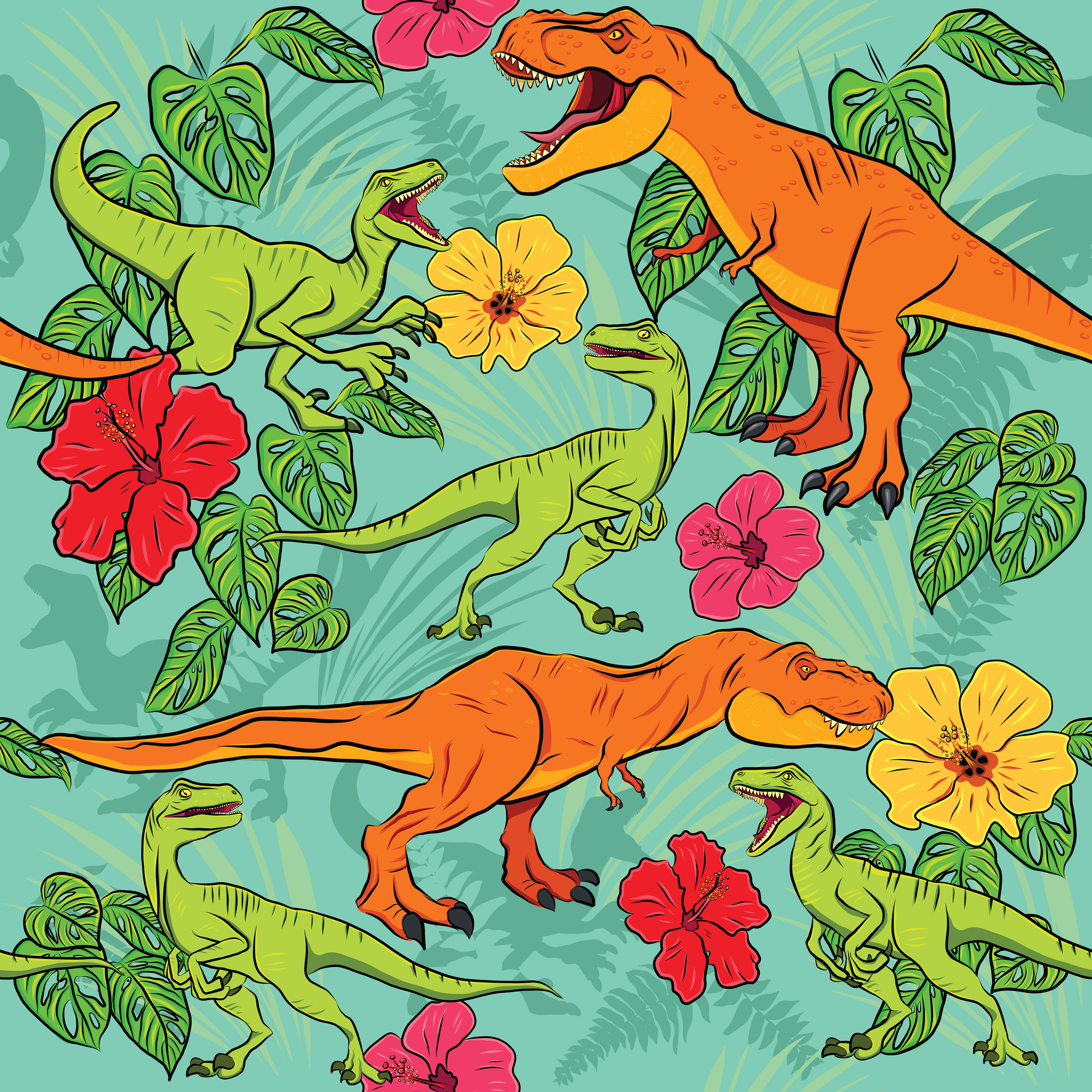 Dinosaur illustrations used to create a seamless repeating pattern