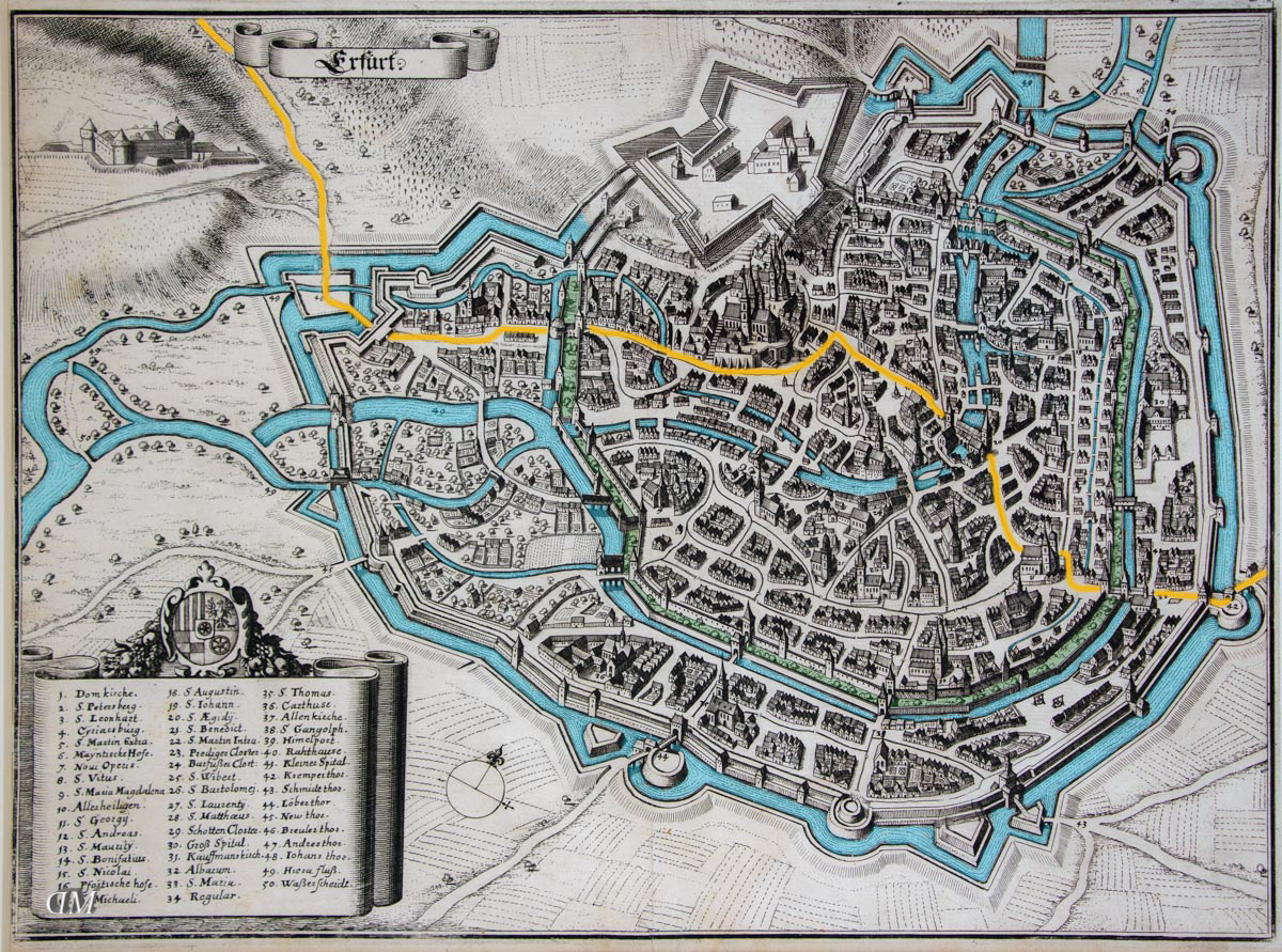 Stadtansicht von Merian 1650. Die Flussläufe und der Festungsgraben sind Blau und die Grünflächen der Stadtmauer Grün koloriert. Gelb ist der vermutete Weg der Via Regia.