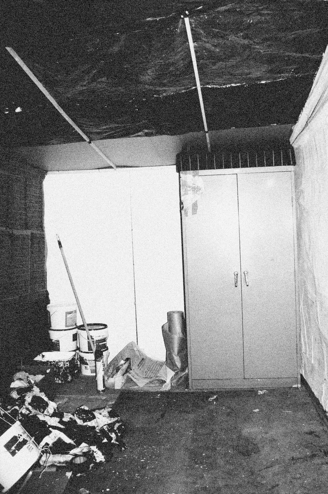 Reconstructed Constructioninstallationcardboard on wooden construction, silk screened wallpaper, tiled floor, carpet floor, electrical equipment: television, DVD-player, transmitter, lightning, plastic ridge tent, silkscreen materials, copy prints, iron case, bed mattress, buckets of latex paint.2006