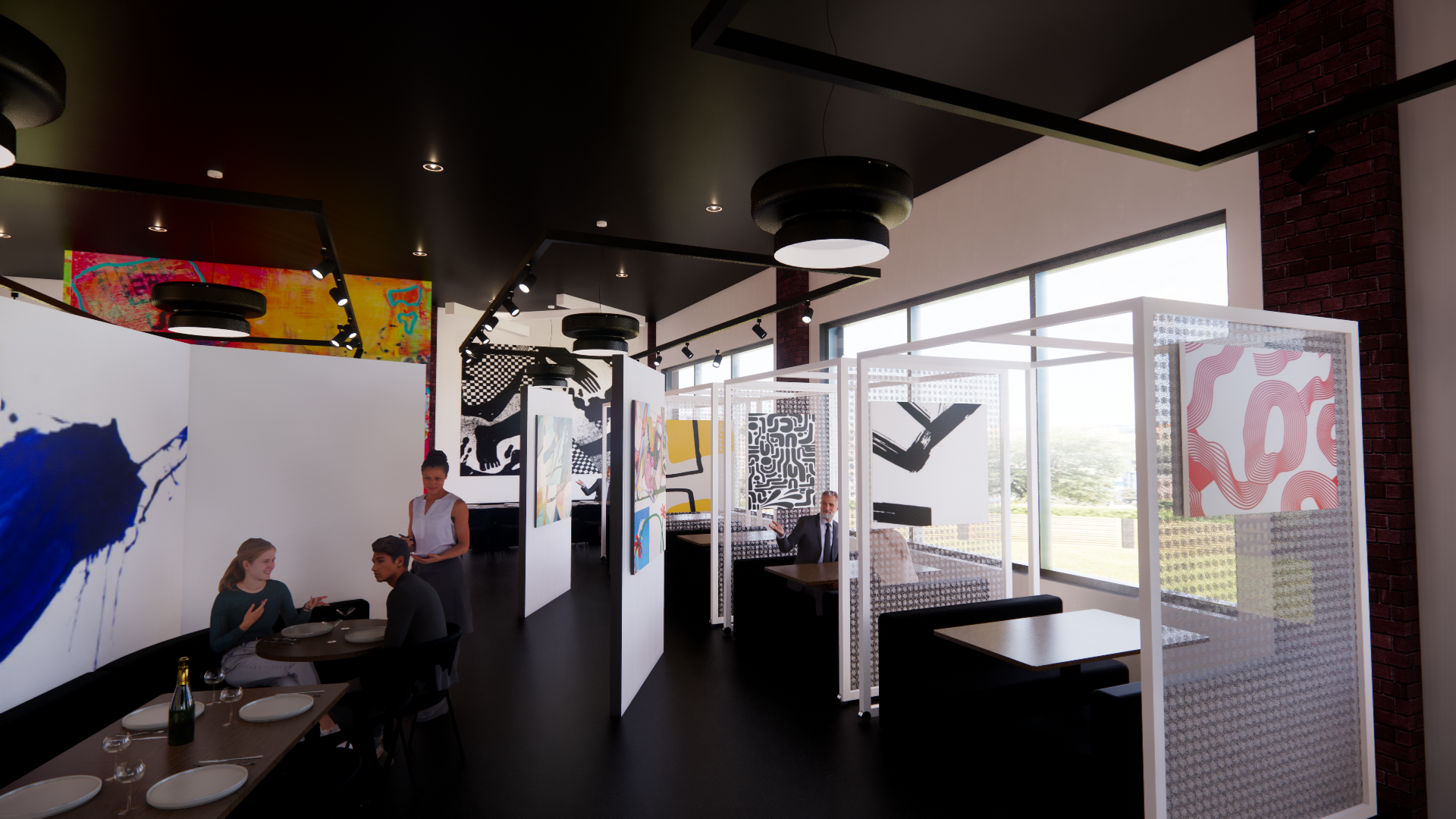 The booth "Cages" are fully movable lightweight frames on casters. Pieces can be hung on the mesh-work material on either end or by the bar across the top for hanging installations.