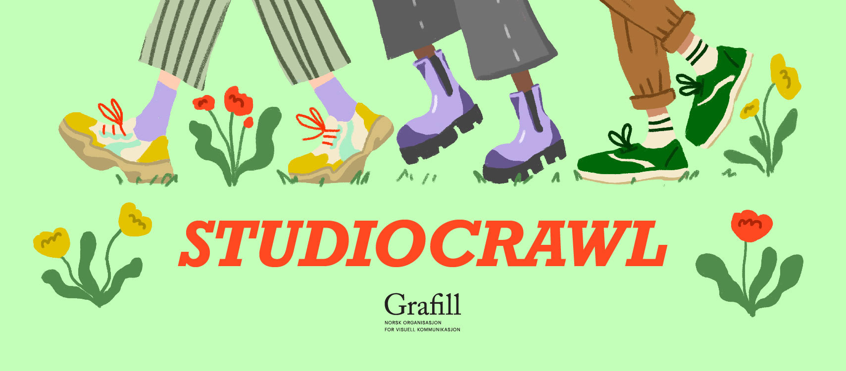 Headerdesign for Grafill studiocrawl Trondheim. Tre sett med føtter som går mot venstre side av skjermen. 