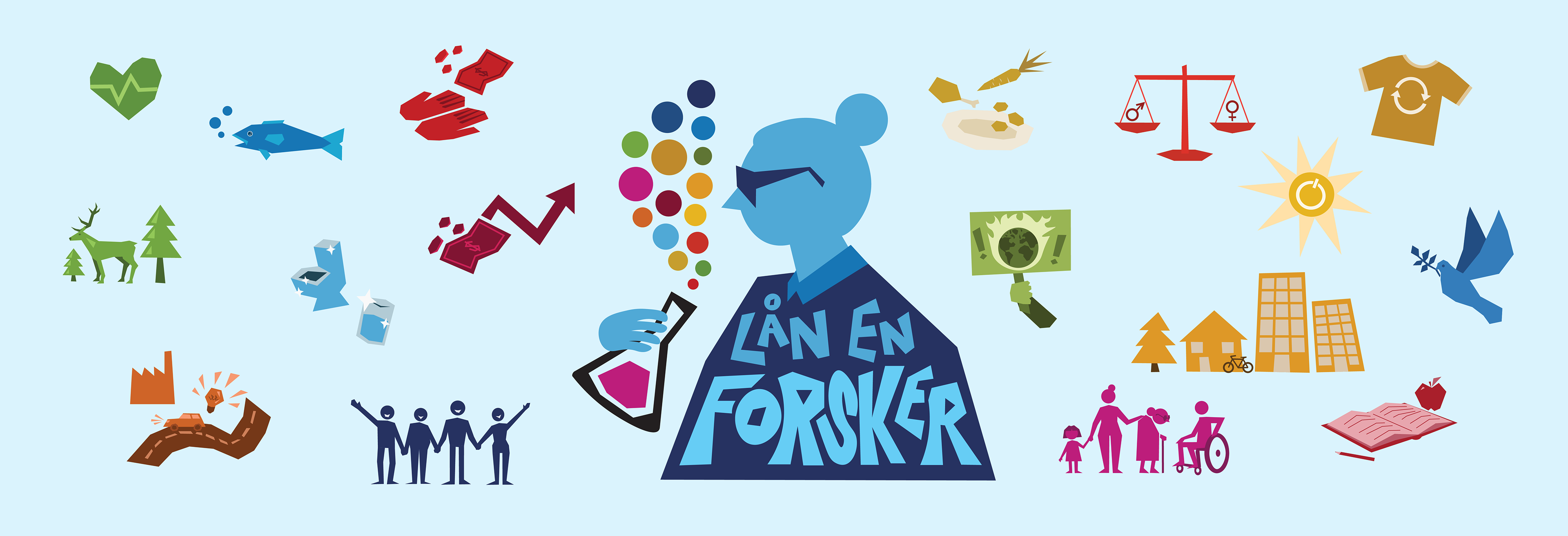 Header for "Lån en Forsker" som inkluderer logo og ikoner