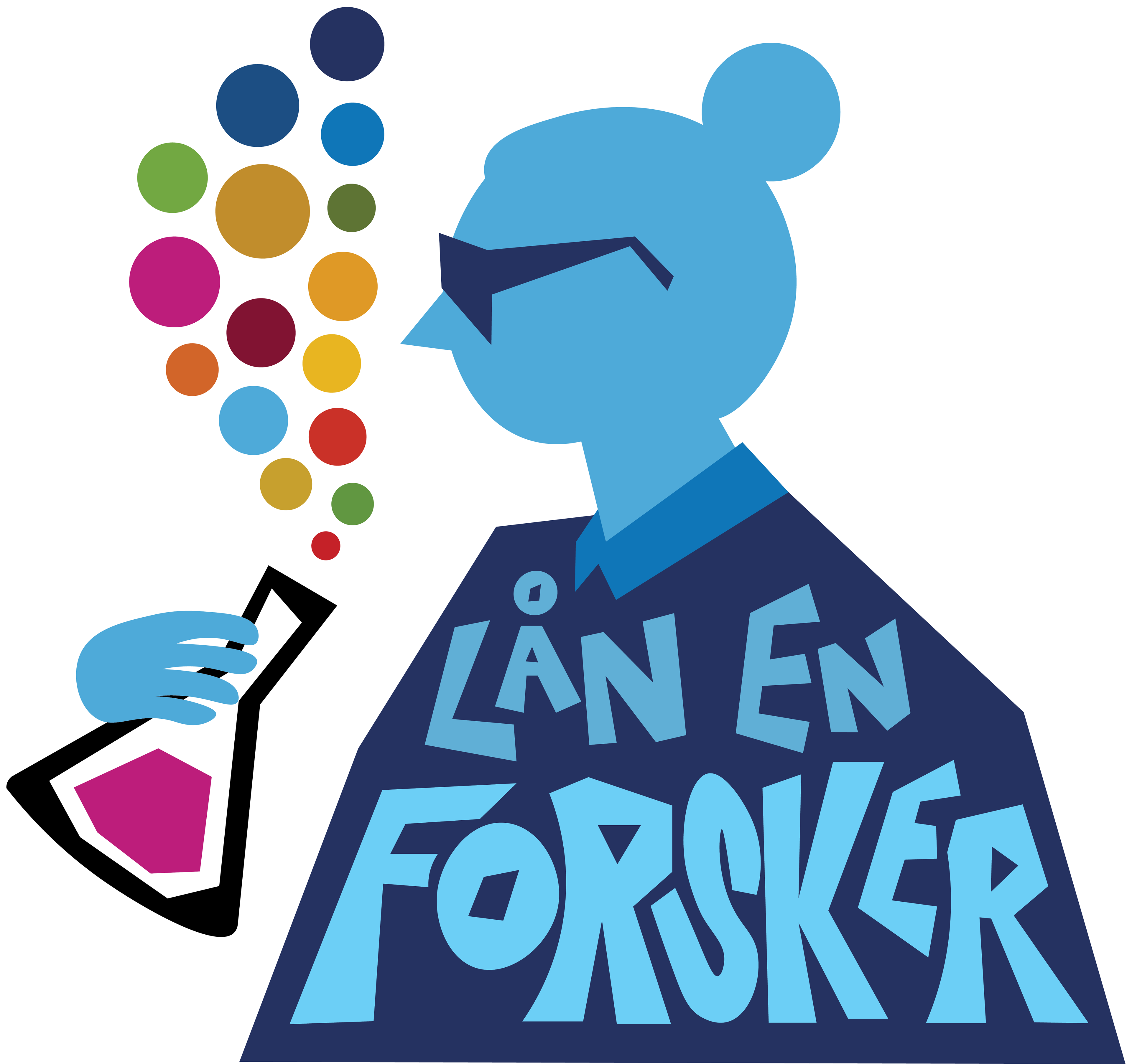 Logoen til "LÅN EN FORSKER". Logoen viser en illustrert forsker, minimalistisk og blå med teksten "LÅN EN FORSKER" på fraken . Forskeren holder en kolbe med mørkerosa innhold og ut av kolben kommer det ut 17 bobler som skal vise til FNs 17 bærekraftsmål.