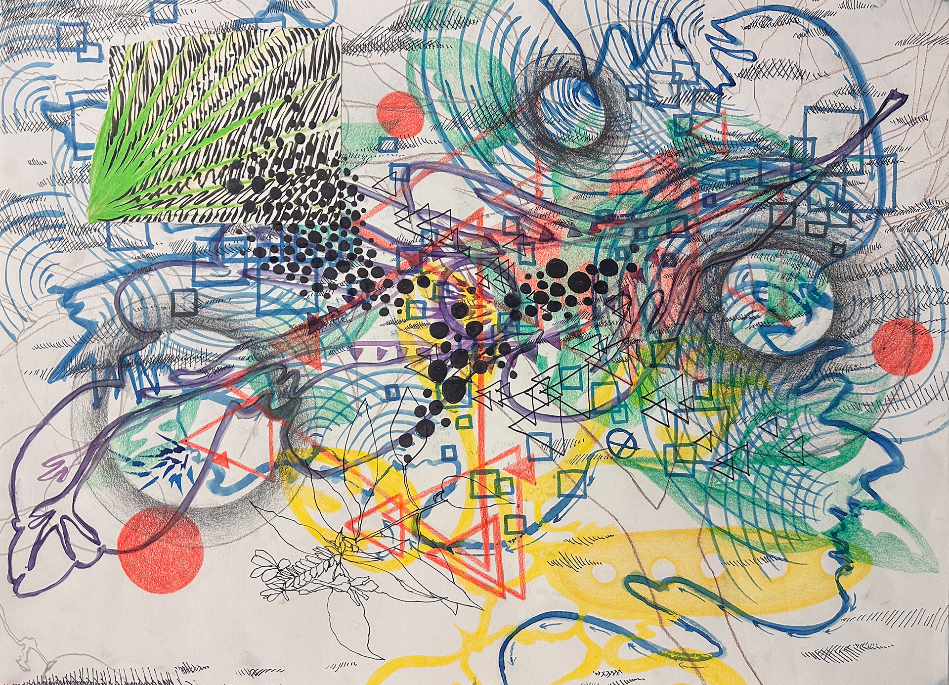 Fly Path, 2025, Dimensions 18 x 24in, Color Pencil, Watercolor, Pen, Lead, Marker on Paper
