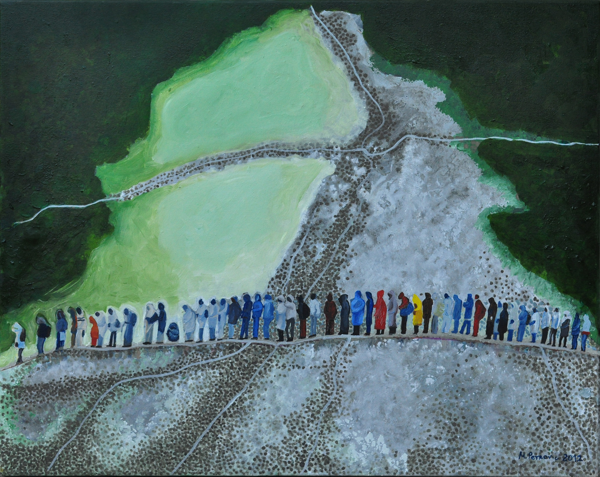 Title: IMMIGRATION. Direction: Realism/Symbolism.  Technique: Mixed media: acrylic paints as a base and oil paints on top