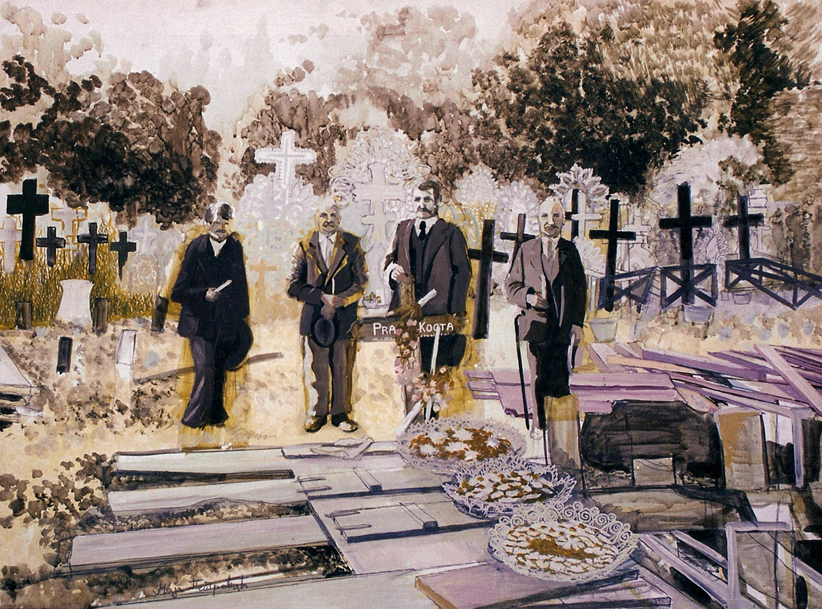 Title: FUNERAL : Direction: Symbolism/ Surrealism. Technique: Mixed Media- acrylic first then Oil on canvas