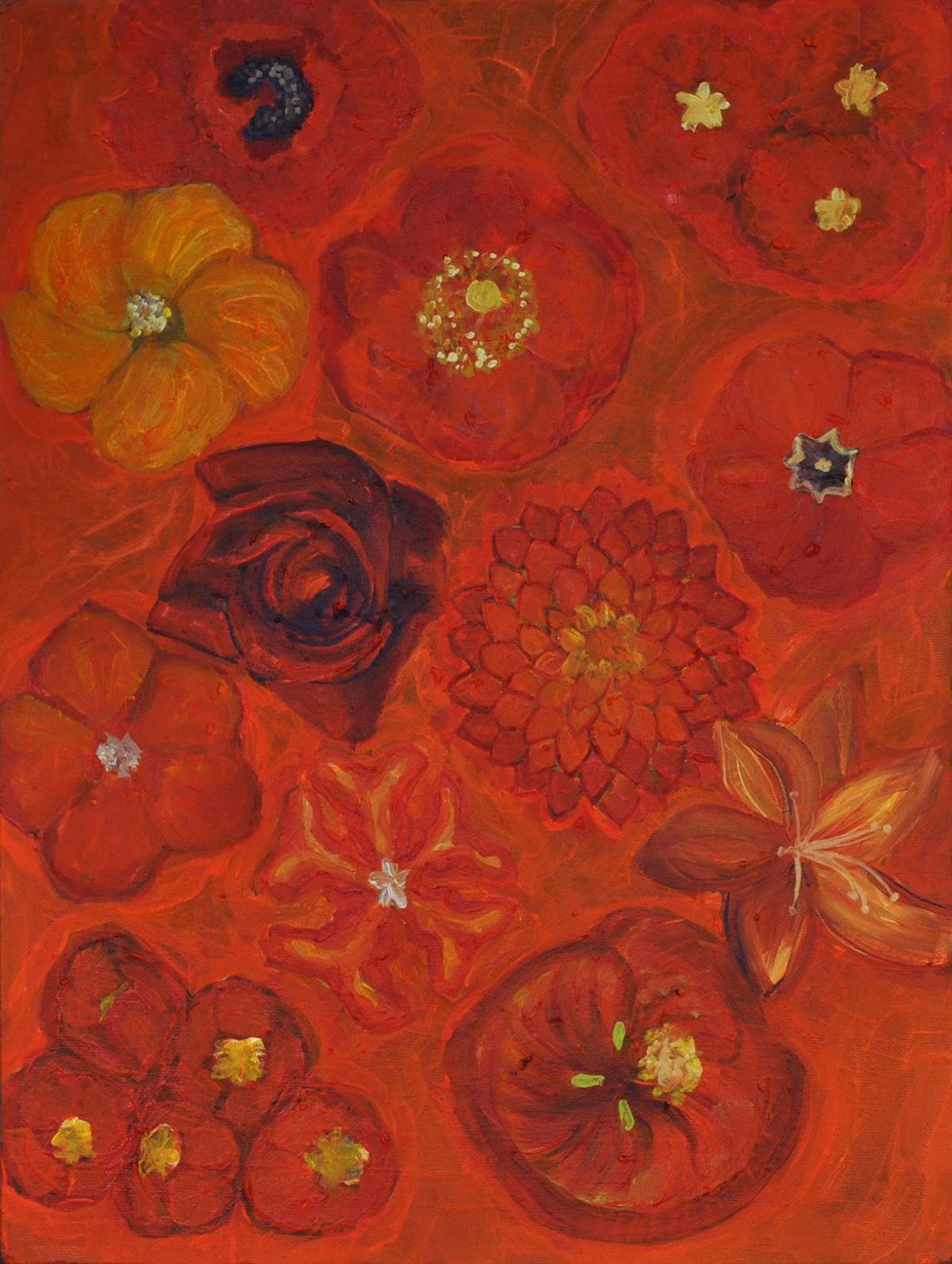 Title: RED FLOWERS. Realism on 1D background. Oil paint on canvas