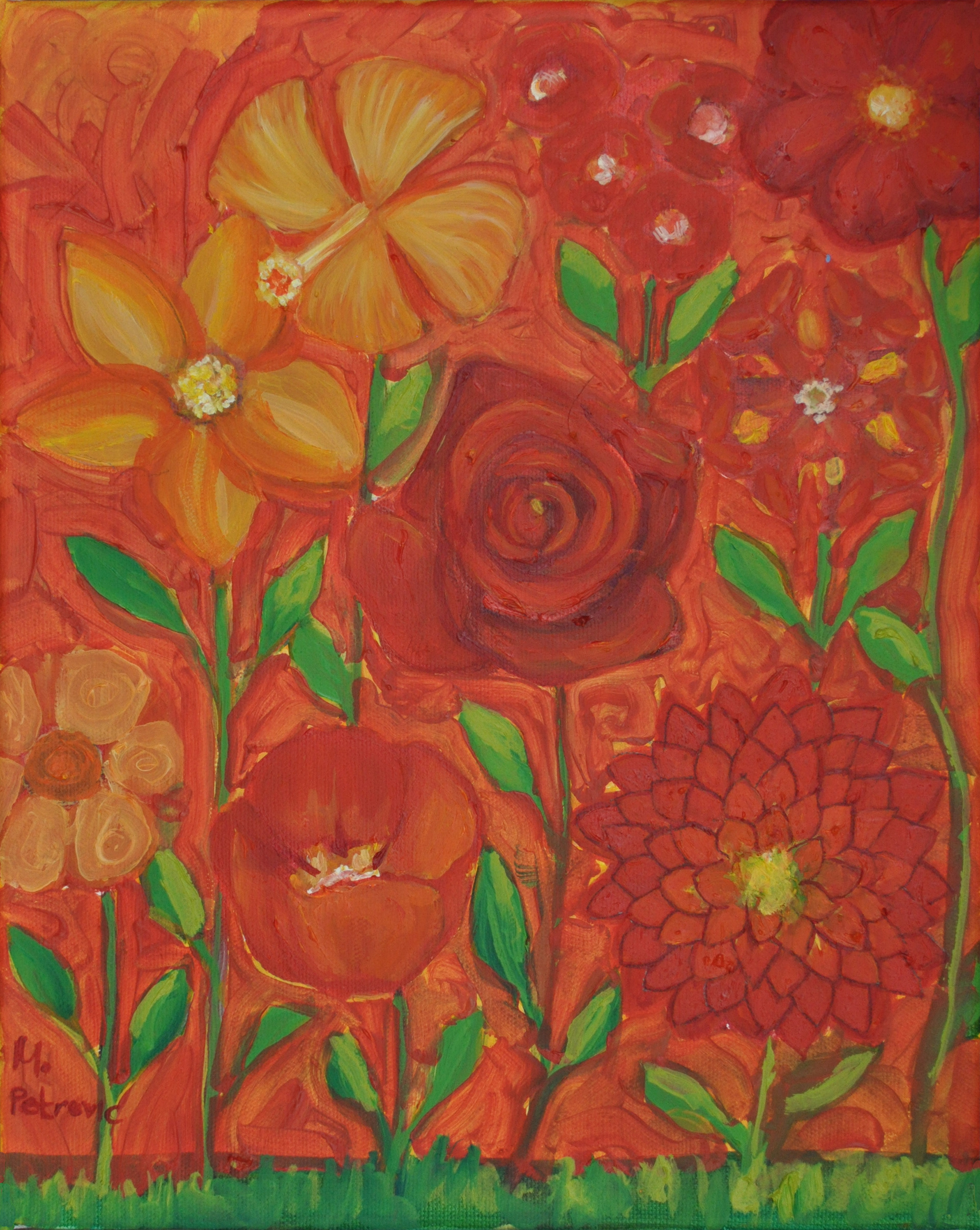 Title: RED FLOWERS WITH GREEN LEAVES . Realism with apstract details and 1D background. Oil paint on canvas