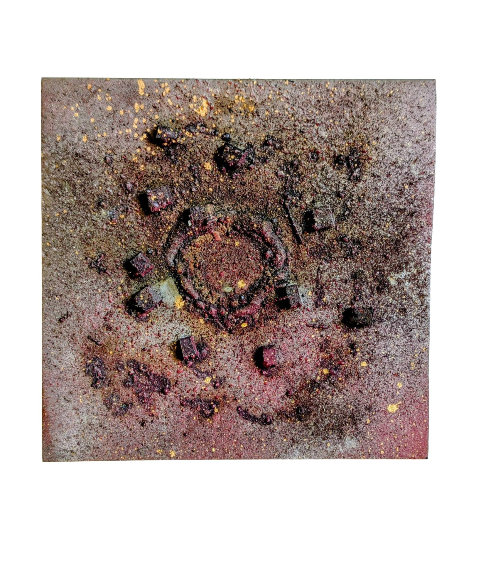 Campos de Refugiados de Nuseirat · Gaza · Pieza geográfica en acero reciclado con coordenadas GPS grabadas e imagen satelital transferida · Paisajes de Guerra · Luis González Palacios · 2025 · 33×43 cm