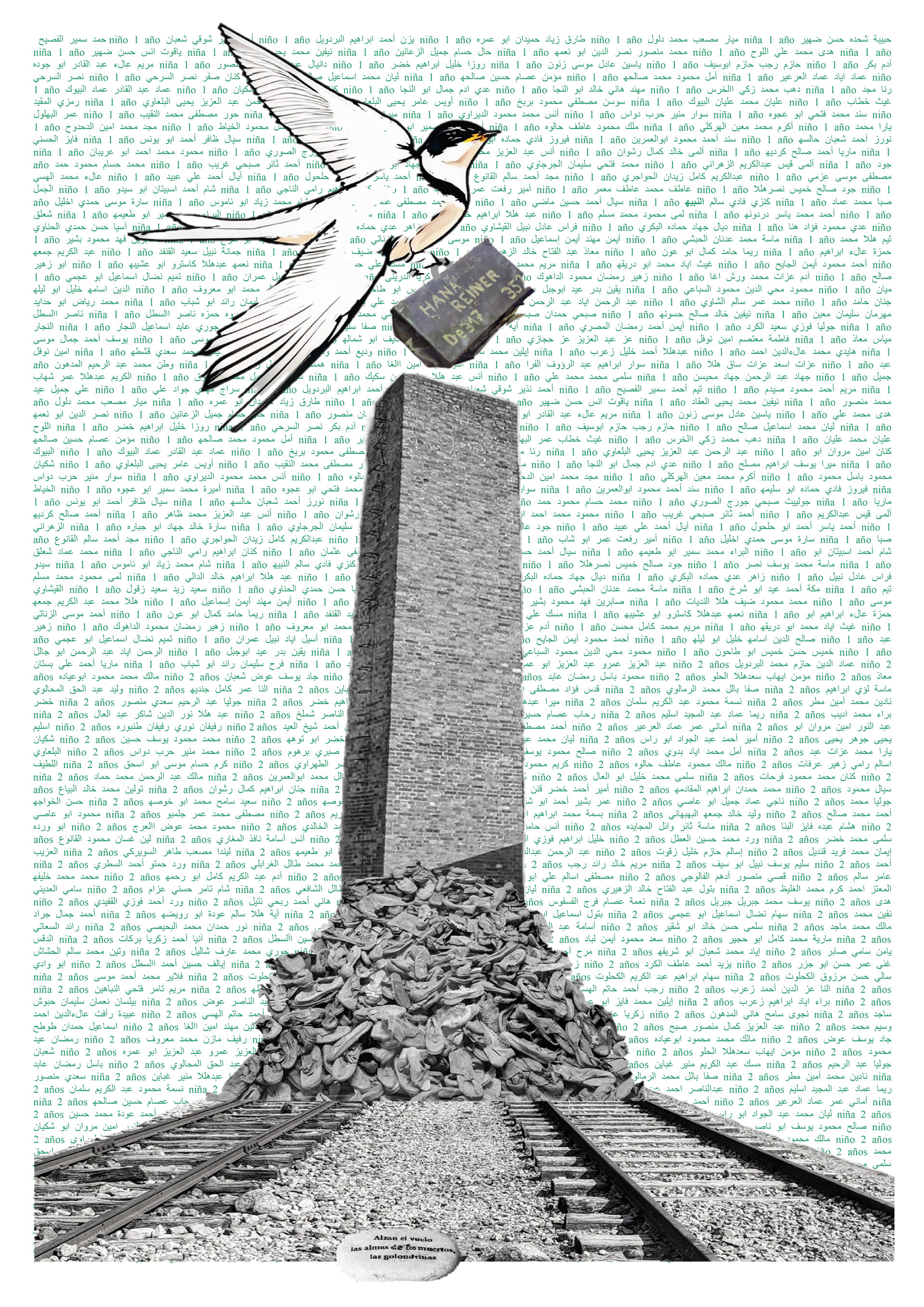 Poema Visual Alzan el Vuelo · Nombres de víctimas configurando imagen sobre fondo intervenido · técnica mixta sobre papel · Paisajes de Guerra · Luis González Palacios · 2025 · 59×84 cm