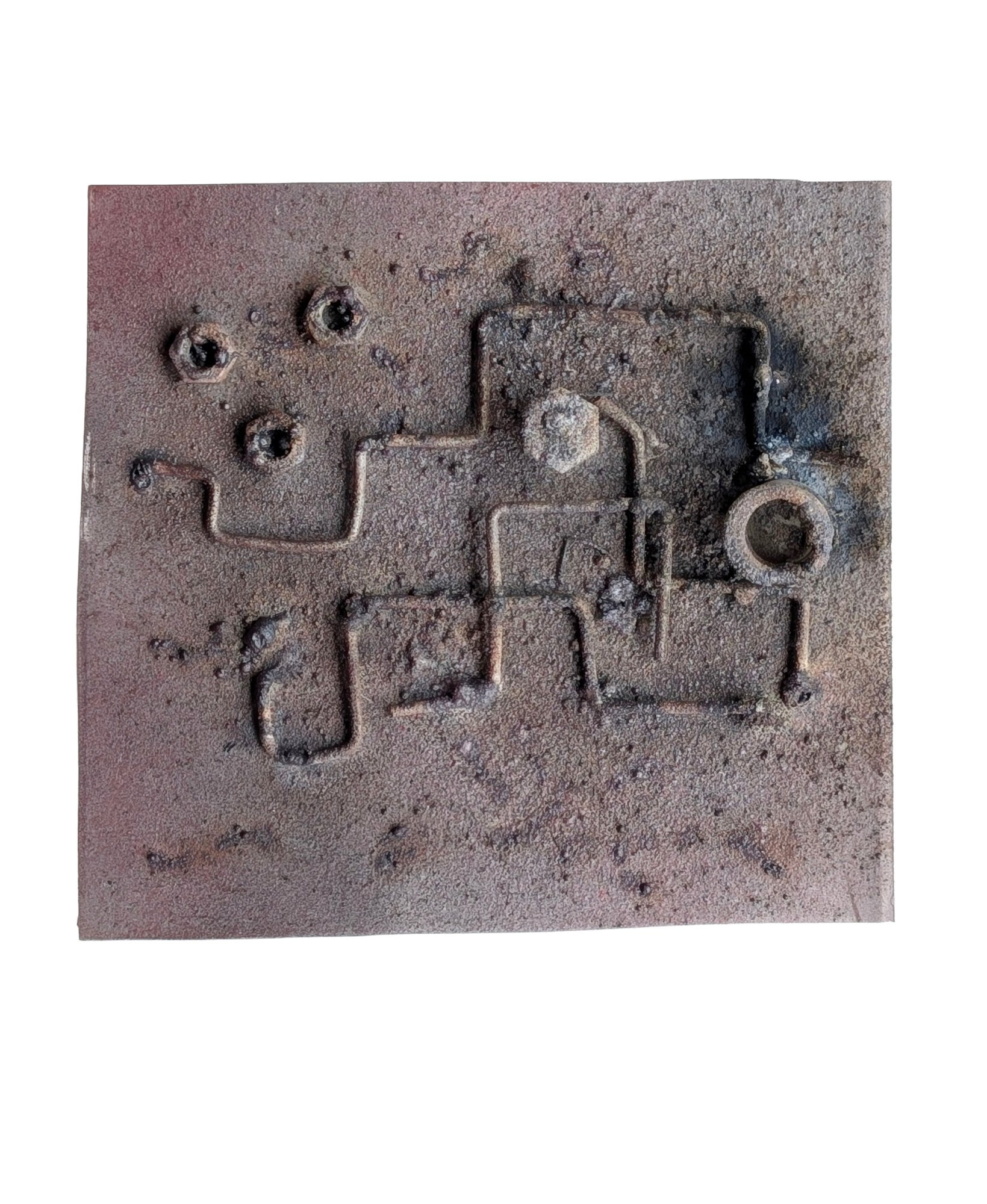 Central eléctrica de Trypilska · Kiev · Ucrania · Pieza geográfica en acero reciclado con coordenadas GPS grabadas e imagen satelital transferida · Paisajes de Guerra · Luis González Palacios · 2025 · 33×43 cm