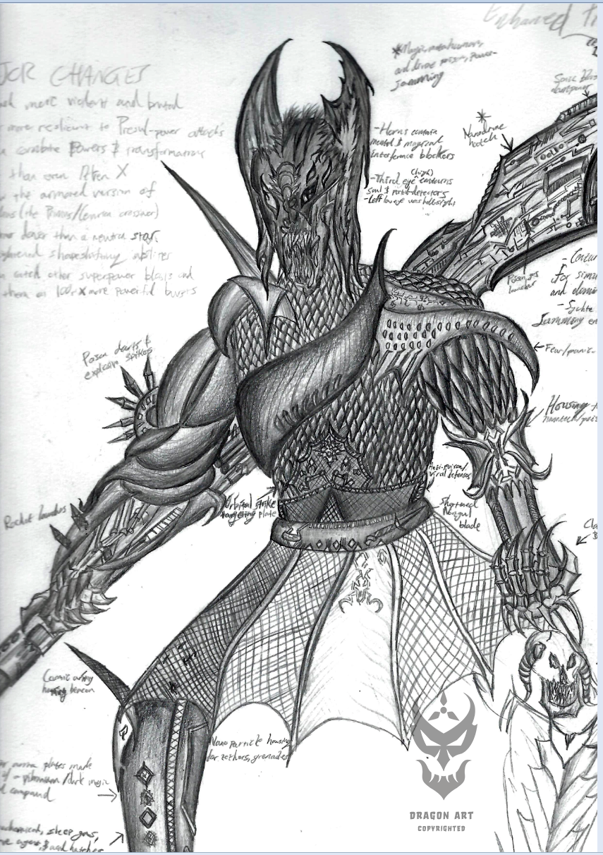 Unnamed super-demon – B&W pencil on paper. Detailed character concept for undisclosed in-progress novel series; 2019