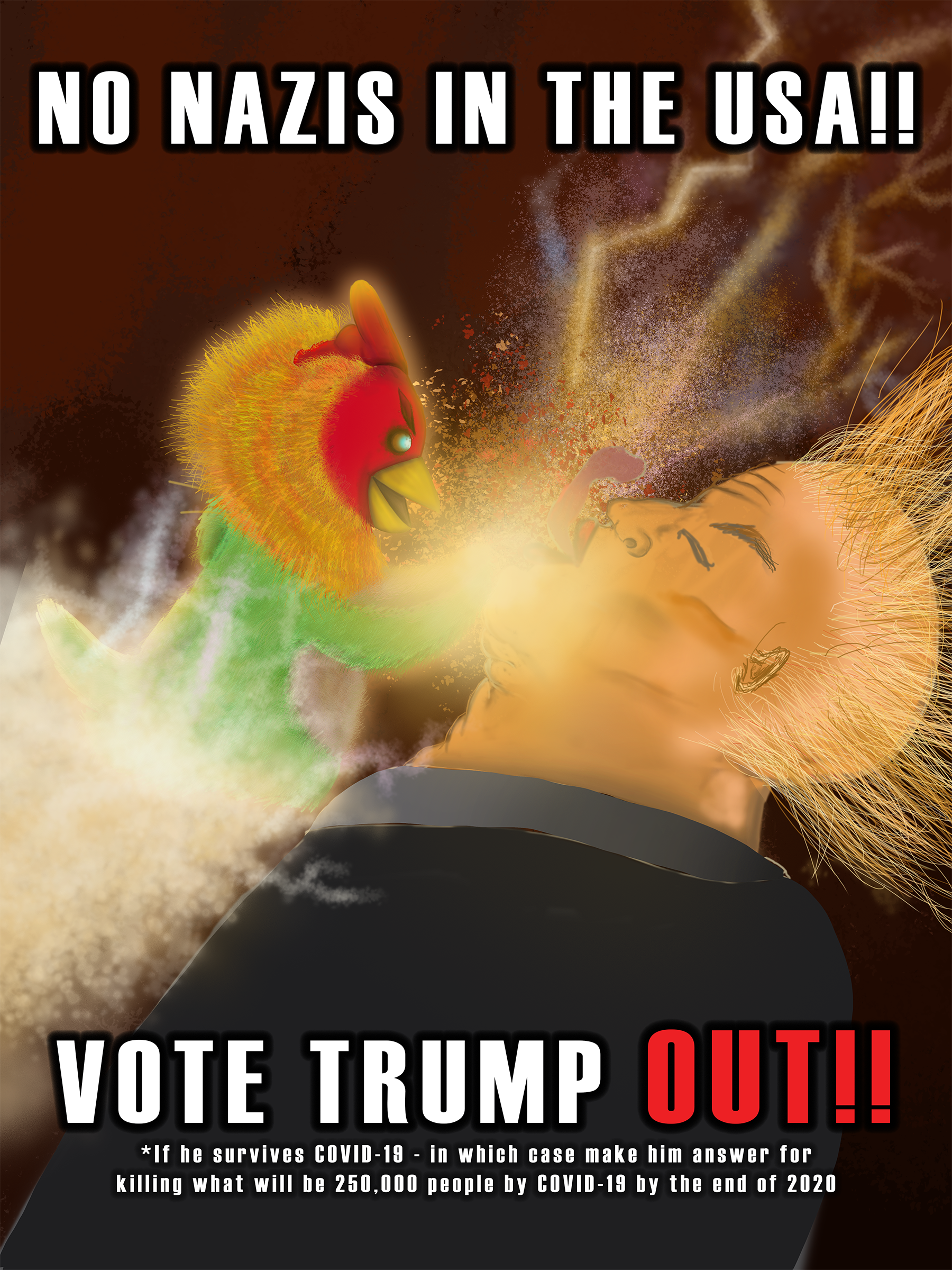 No Nazis in the USA – political digital painting in Photoshop; 2020 (a cosmic chicken punching a bigotted traitor)