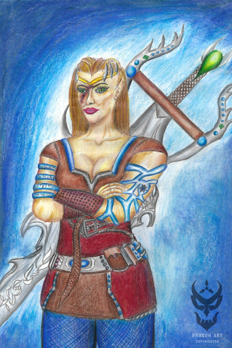 Elven warrior concept – colored pencil on paper. Character study for unpublished novel series; 2018