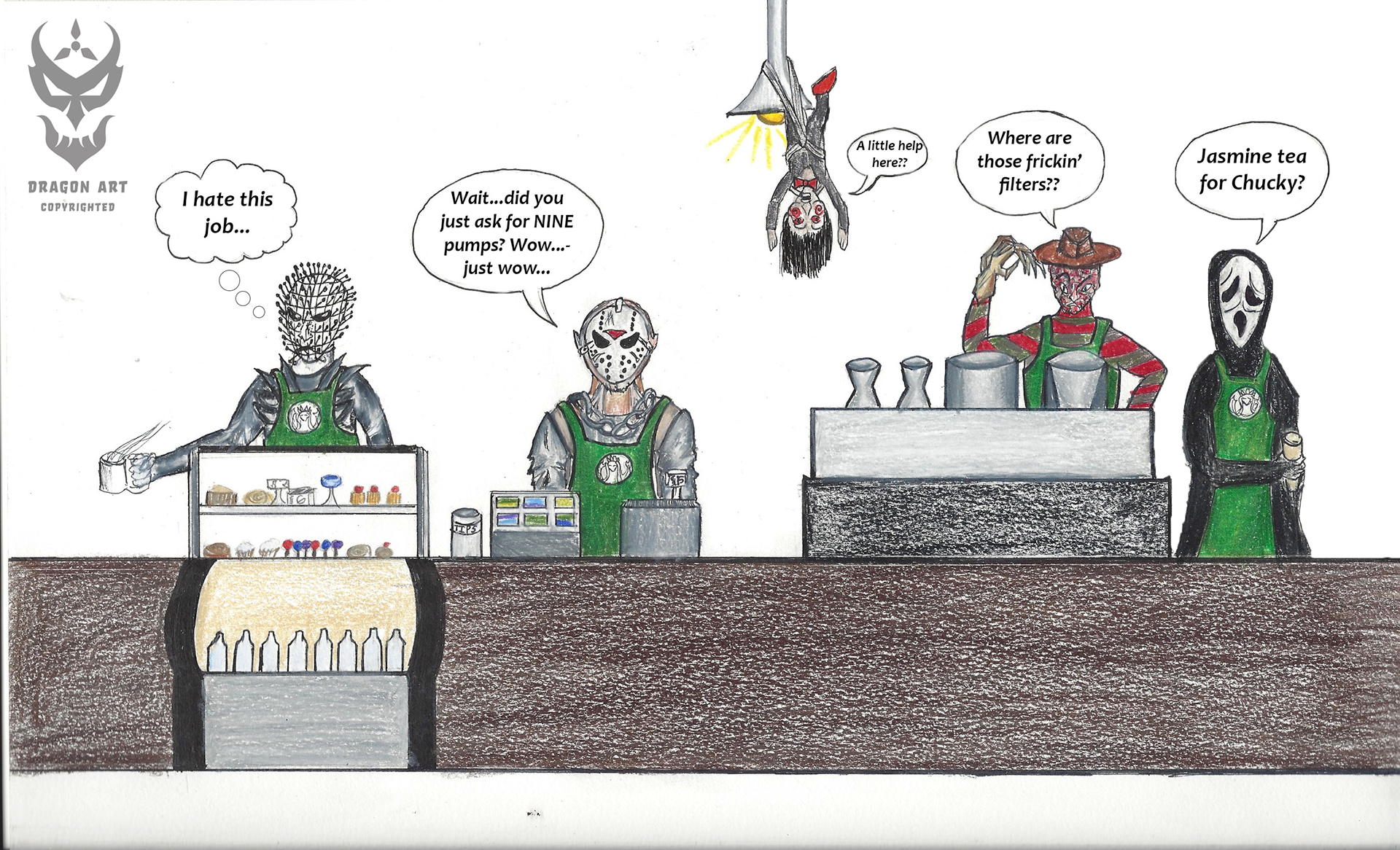Friday the 13th at Starbucks – art joke for a family member who was a barista at the time. Colored pencil on heavy media paper; 2018