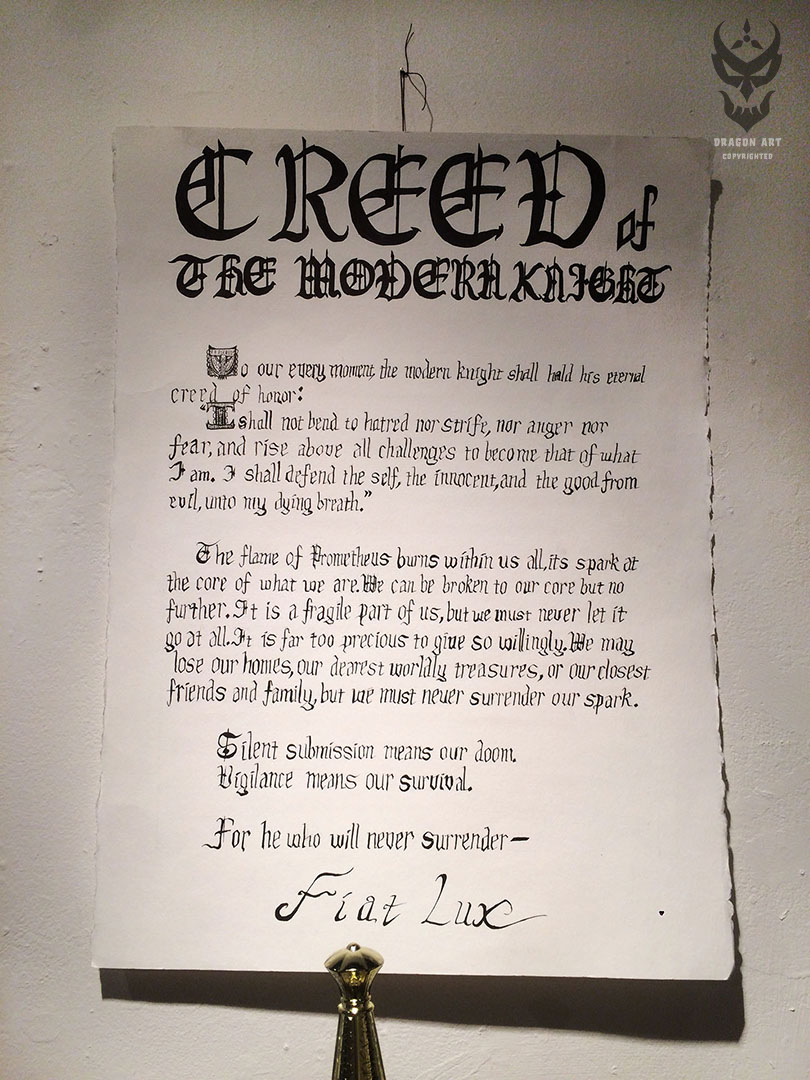 Creed of the Modern Knight – calligraphy detail