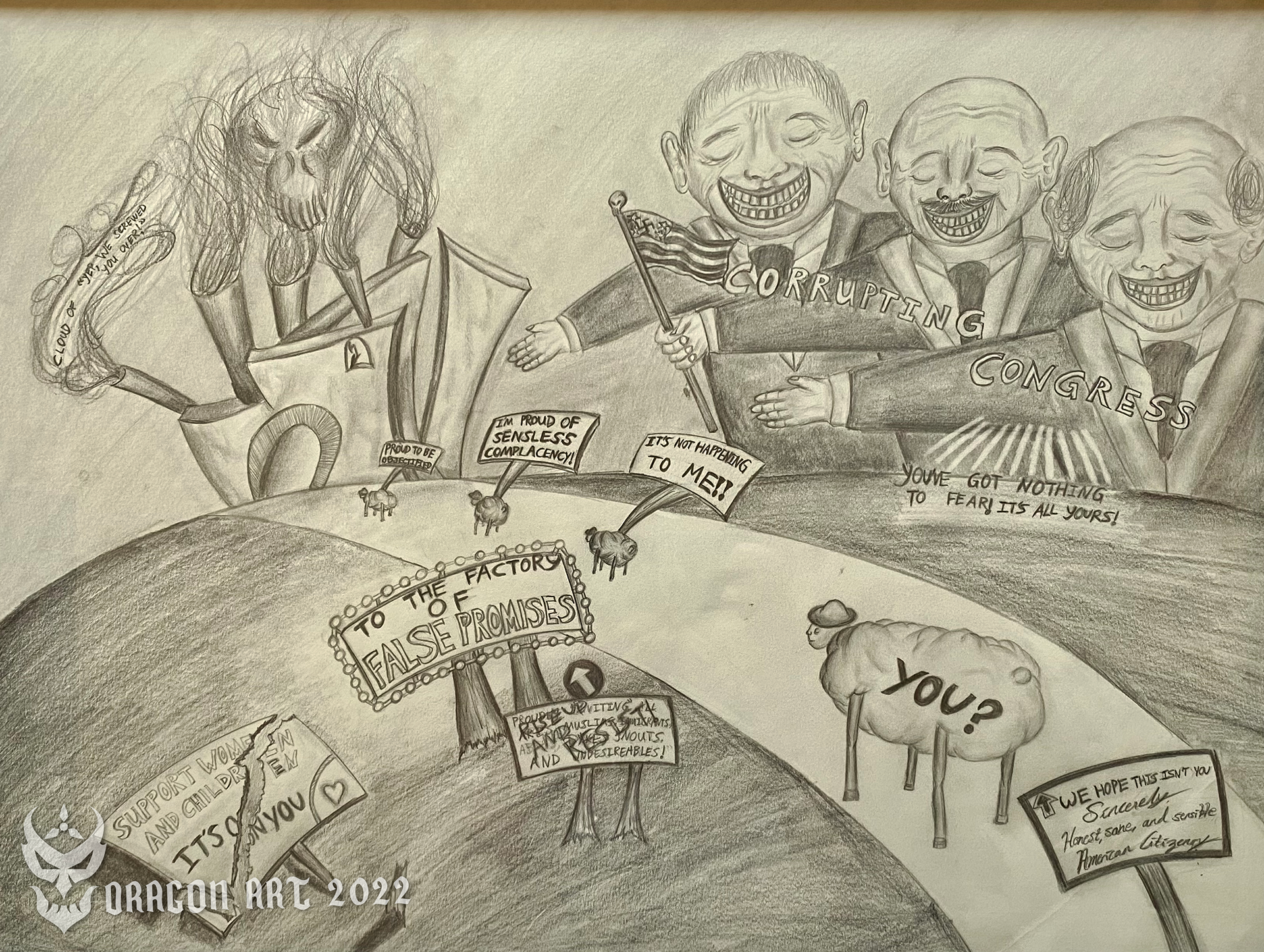Sheep Will Die – 24"x36" B&W pencil drawing. Theme: political corruption. 2017