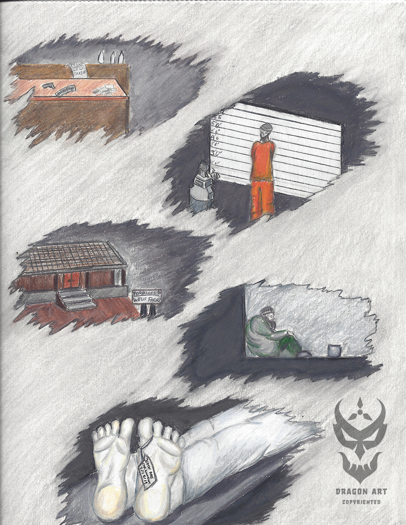 Our Friends Lie in the Refuse – 8.5"x11" colored pencil drawing. Theme: homelessness. 2017