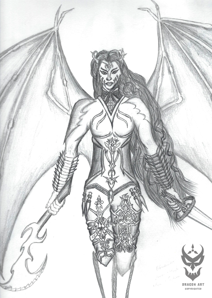 Elven warrior concept, dragon form – B&W pencil on paper. Character study for unpublished novel series; 2019