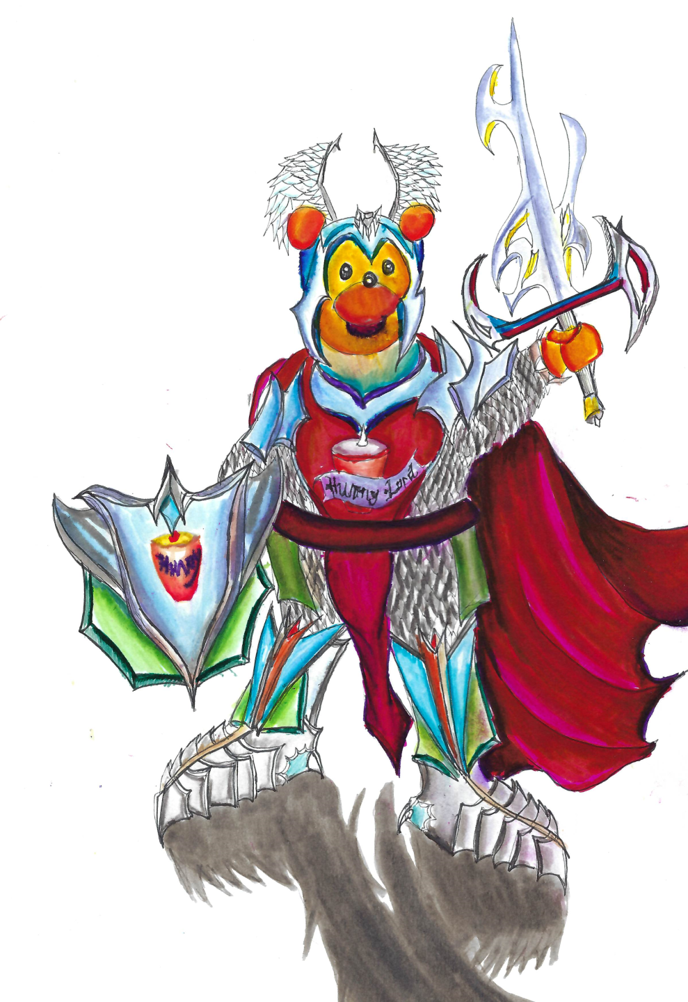 Pooh Bear the Christmas Paladin (Pooh Bear not copyrighted to Dragon Art ... tragically) – marker on mixed media paper; 2019