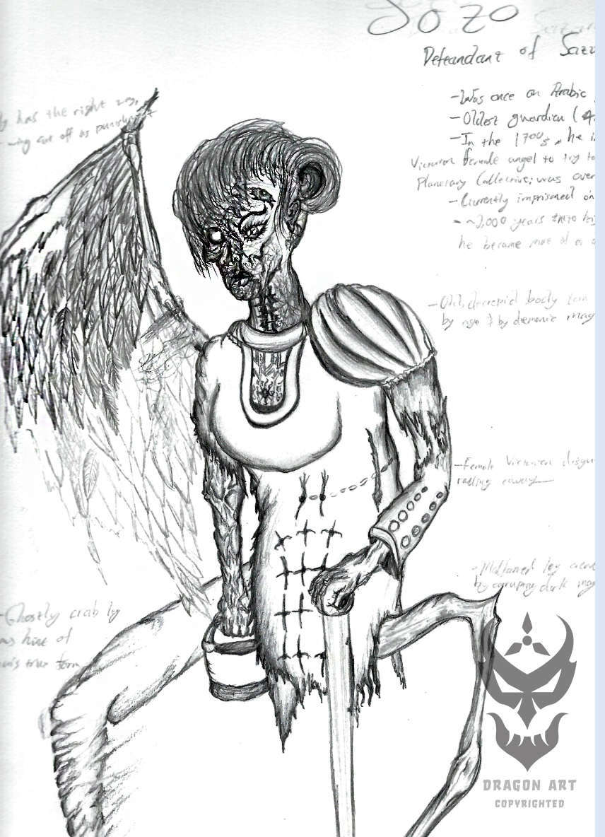 Sozo, Defendant of Saturn – B&W pencil on paper; 2019