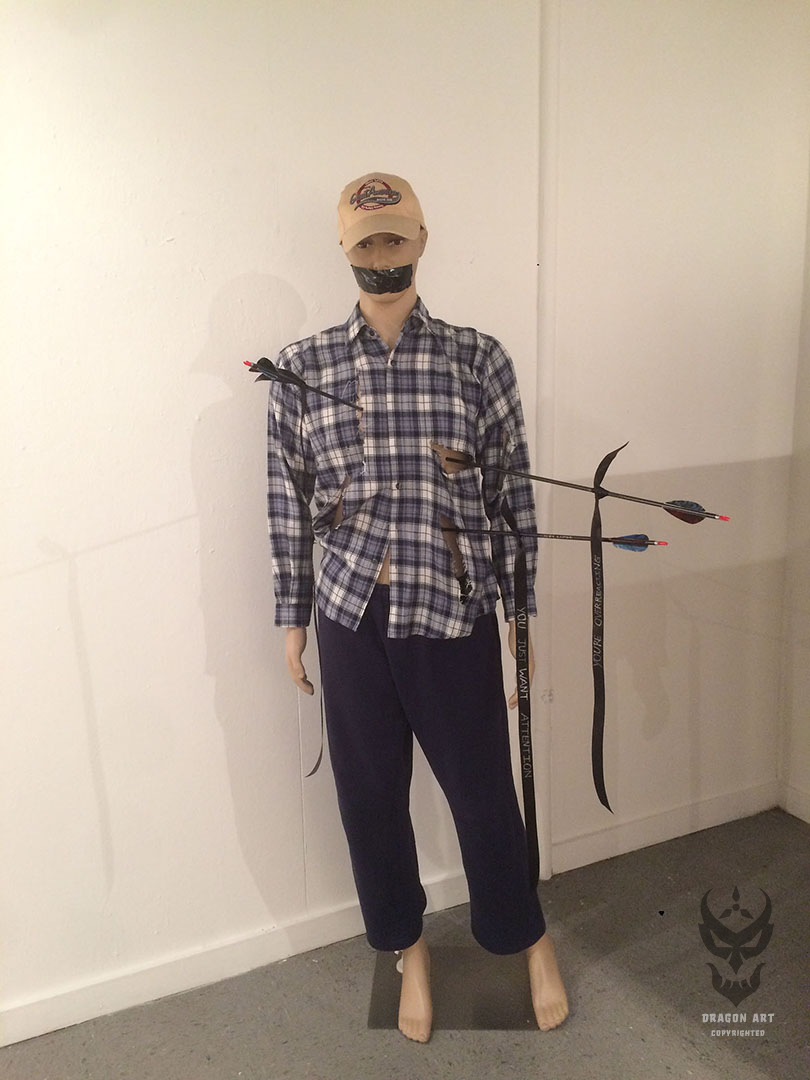 Arrows of Hate – mixed media sculpture. Theme: mental health stigma. 2017