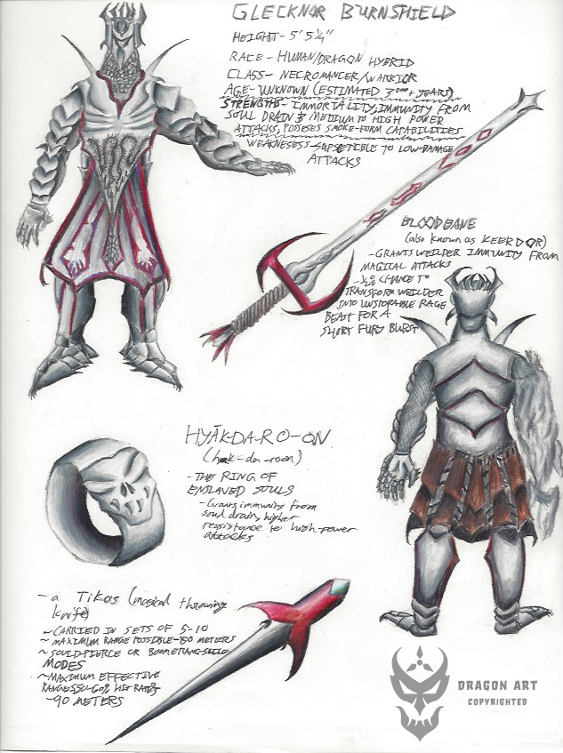 Glecknor Burnshield – pt 1 of submission for MMORPG game concept art contest; color pencil on paper; 2017(?)