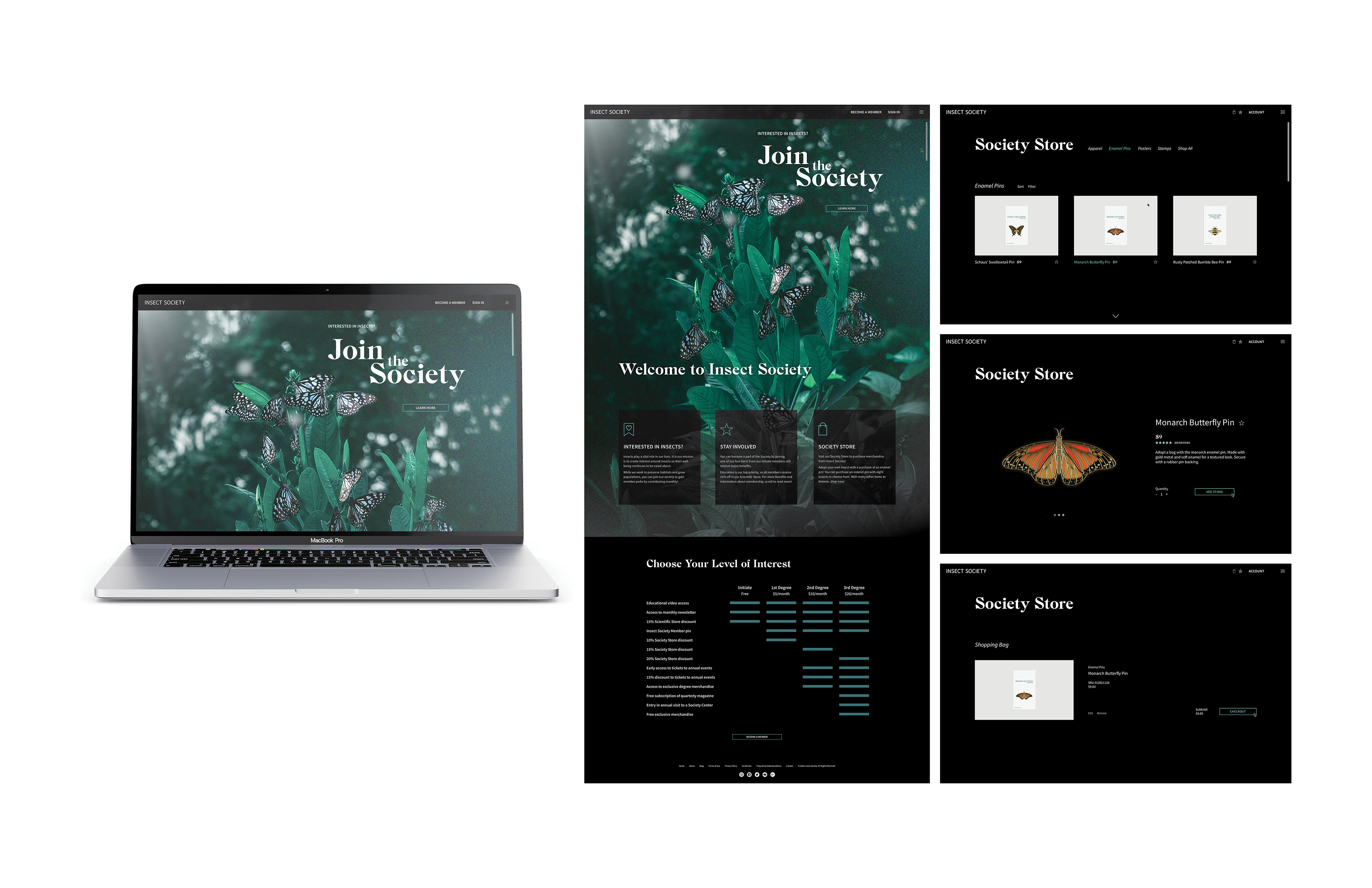 Insect Society website landing page and Society Store user flow