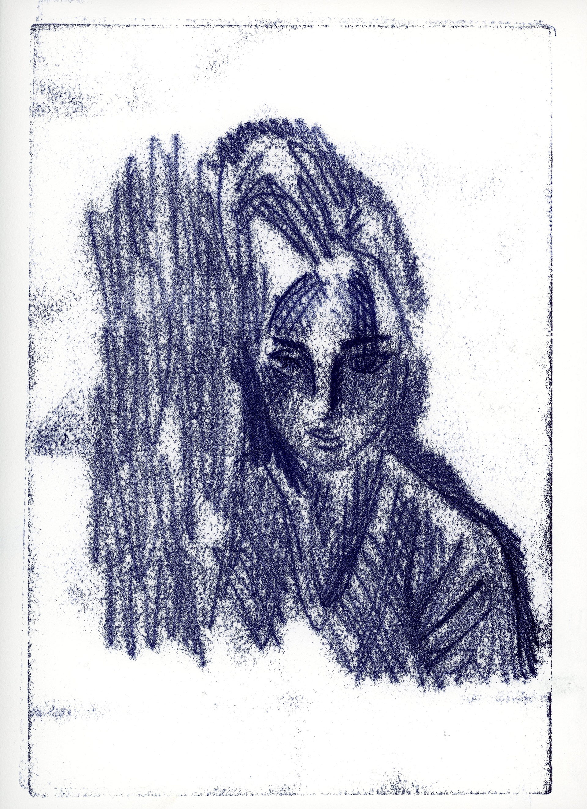 Girl in Blue 2/3 2023, trace monotype.