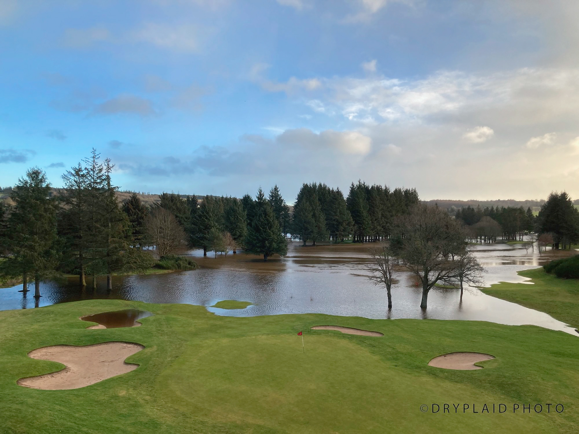 River Dee flooding at Deeside Golf Club, Aberdeenshire