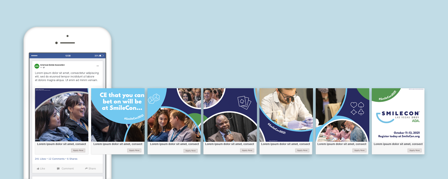 Image of smartphone and illustrating a 7-panel Facebook carousel ad