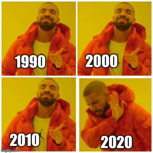 Four panel collage featuring the "Drake approves/disapproves" meme format. In the first three panels, Drake smiles approvingly, accompanied by text in bold white font that read "1990," "2000," and "2010," respectively. In the fourth panel, Drake turns his head away and blocks his face in a gesture of disapproval, accompanied by the text "2020."