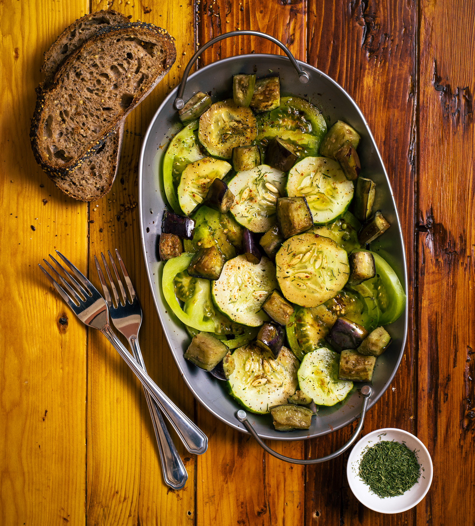 Roasted Eggplant, fresh cucumbers and green tomatoes salad