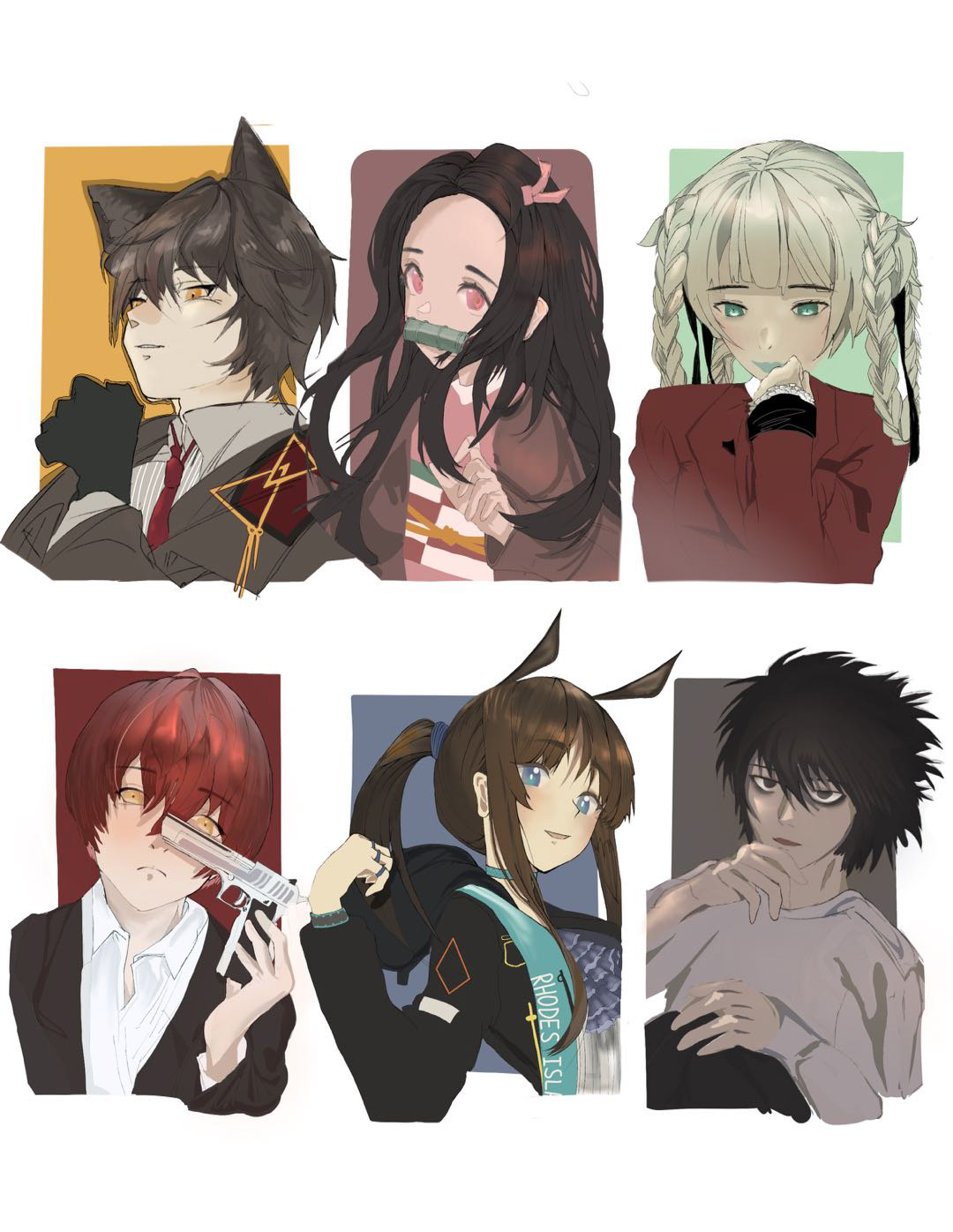“You pick I draw” 💟 challenge with characters from Arknights (Phantom, top left; Amiya, bottom middle), Demon Slayer (Kamado Nezuko), Kakegurui - Compulsive Gambler (Momobami Kirari), Assassination Classroom (Akabane Karuma), and Death Note (L) in March 2022.
