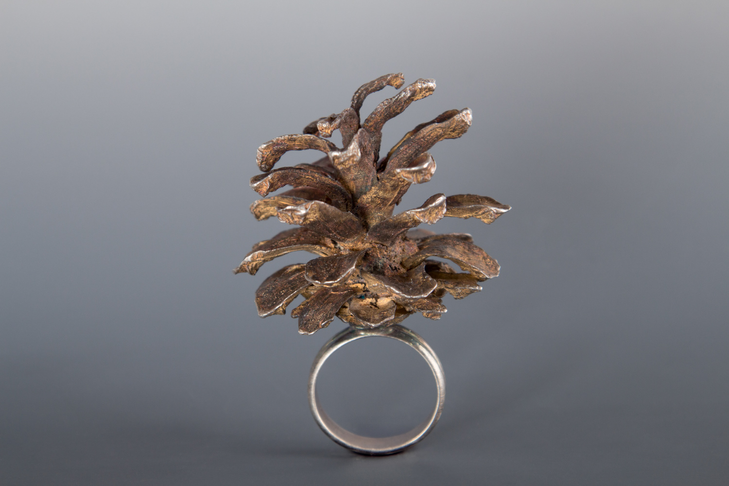 Pinecone Ring, 2023, cast from real pine cone, sterling silver, patina, 2.5 x 1.5 x 1.5 in. (6.25 x 3.75 x 3.75 cm), photographed by Clayton Salley, acquired by the International Precious Metals Institute (New England Chapter) in 2024
